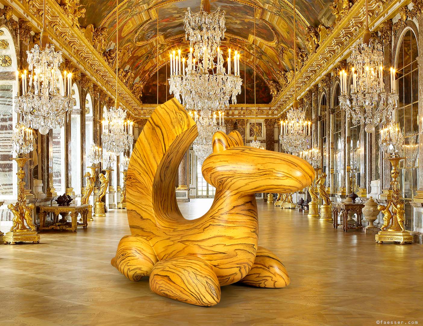 Wood painted camouflage house-animal sculpture in the Hall of Mirrors of the Versailles Palace; artist Roland Faesser, sculptor and painter 2017