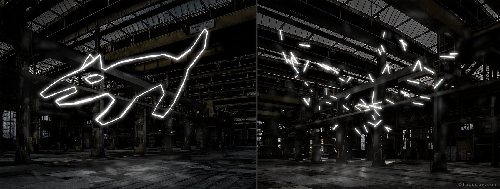 Light-Dog: Anamorphic light installation with 64 fluorescent tubes for Sulzer Hall Winterthur; artist Roland Faesser, sculptor and painter 2014