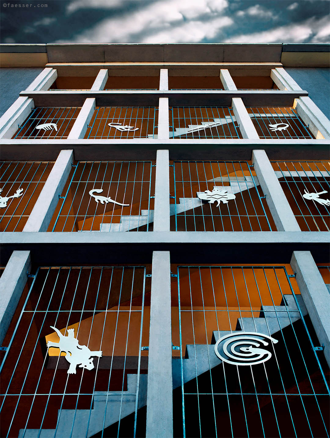 24 animal musicians are guarding the two stairwells of the Musicians' House of the City of Zurich, sculptor and painter 1996