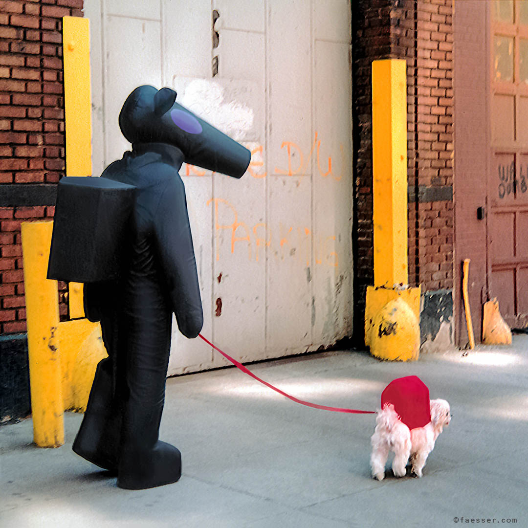 Performance NY: Disguised as a Haus-Tier and a real one on the leash, we strolled around in Manhattan; artist Roland Faesser, sculptor and painter 1997