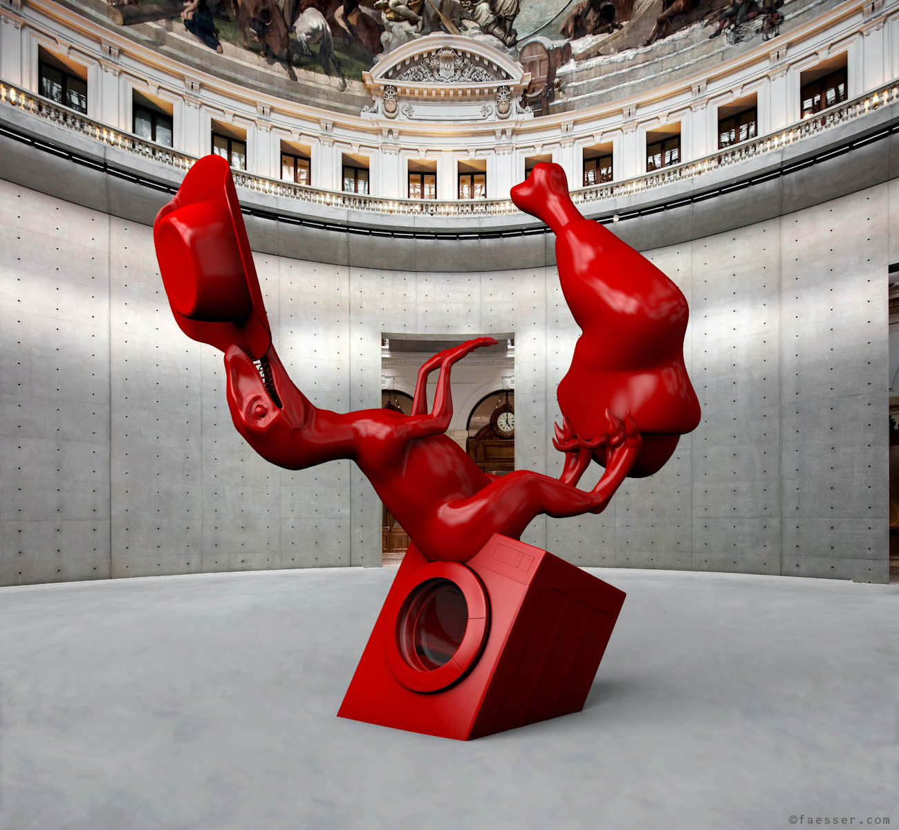 Surreal sculpture with washing machine, dinosaur, chicken leg and hat, in the Bourse de Commerce in Paris; artist Roland Faesser, sculptor and painter 2023