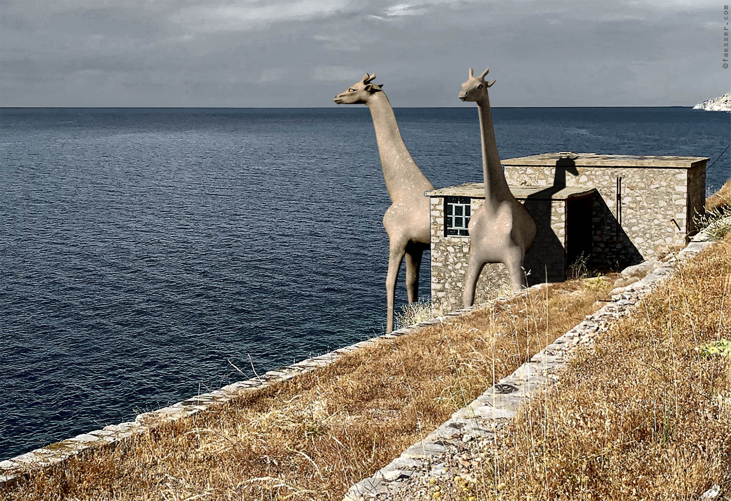 Two facade giraffes protect the exposed Deste Foundation museum in Hydra; artist Roland Faesser, sculptor and painter 2021