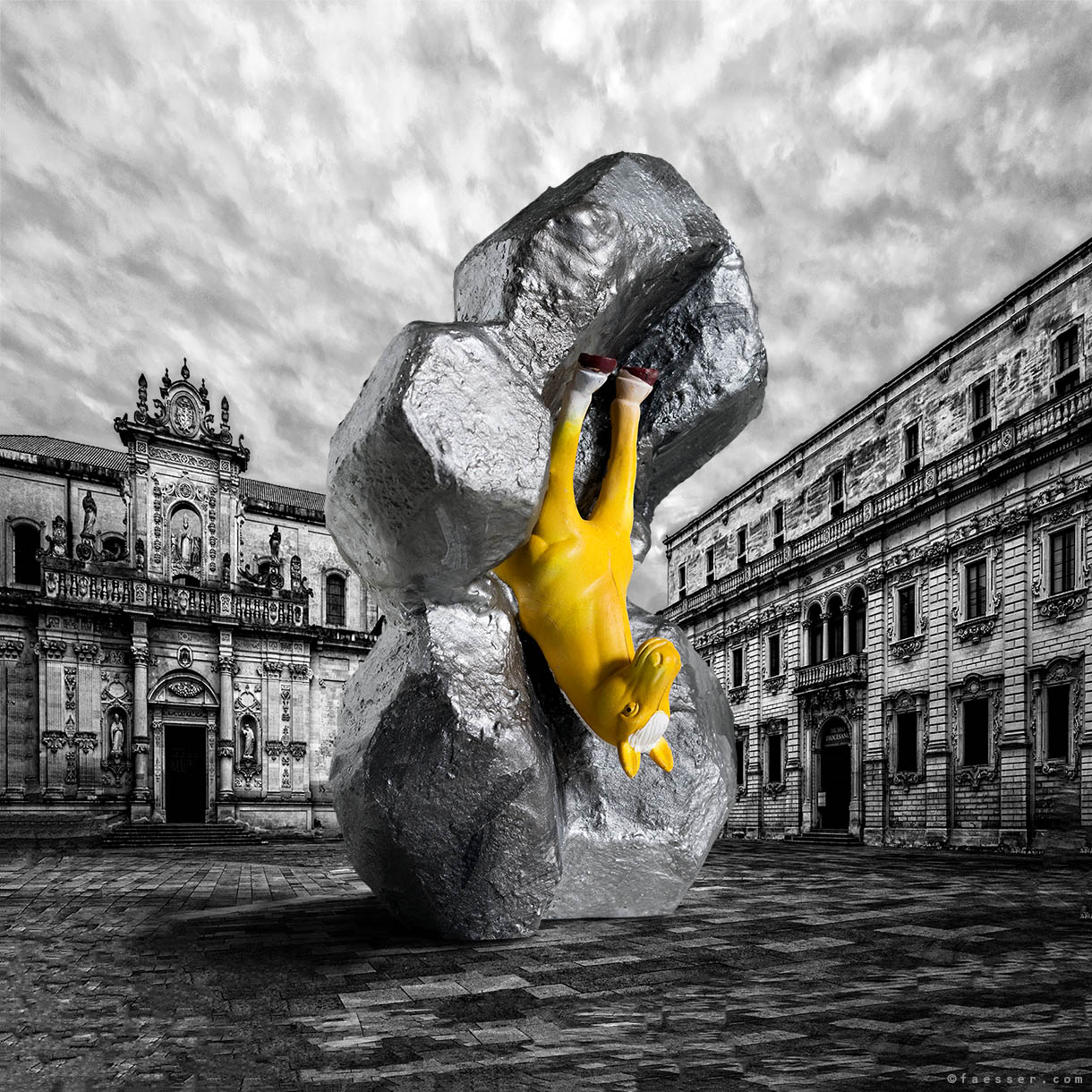 A Horse Is A Horse: Upside down trapped horse in a monument rock sculpture; work of art as public sculpture; artist Roland Faesser, sculptor and painter 2016