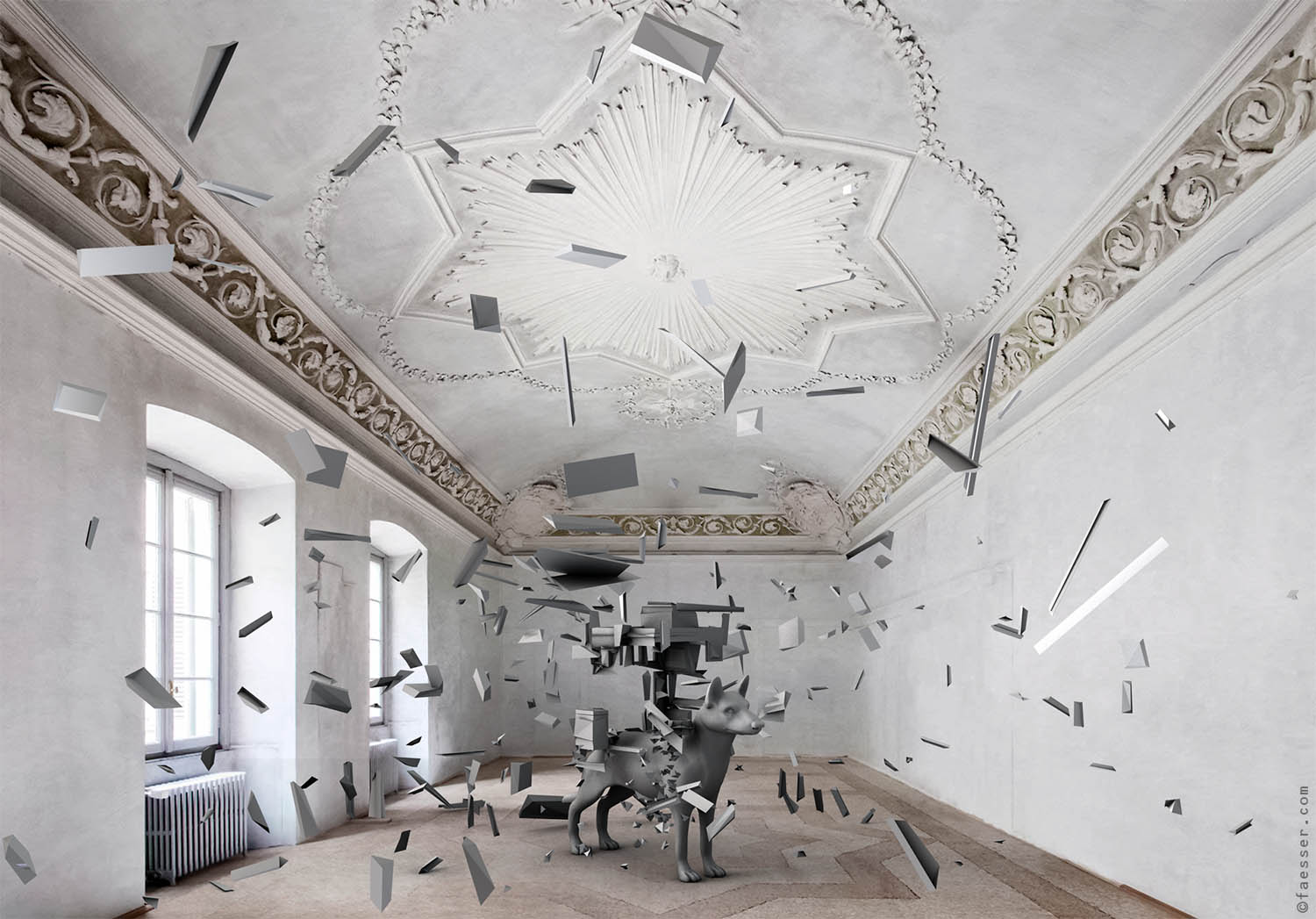 Virtual animated dog with carried house explodes in the MASSIMODECARLO gallery in Milan; work of art as figurative animated sculpture; artist Roland Faesser, sculptor and painter 2022