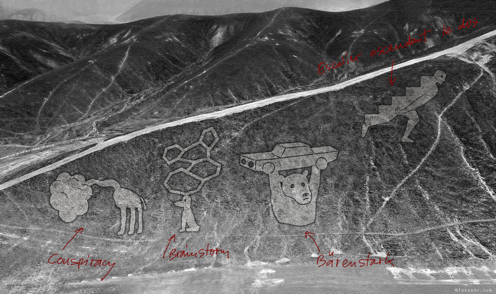 Contemporary land art drawings in the desert of Nazca Peru; artist Roland Faesser, sculptor and painter 2020