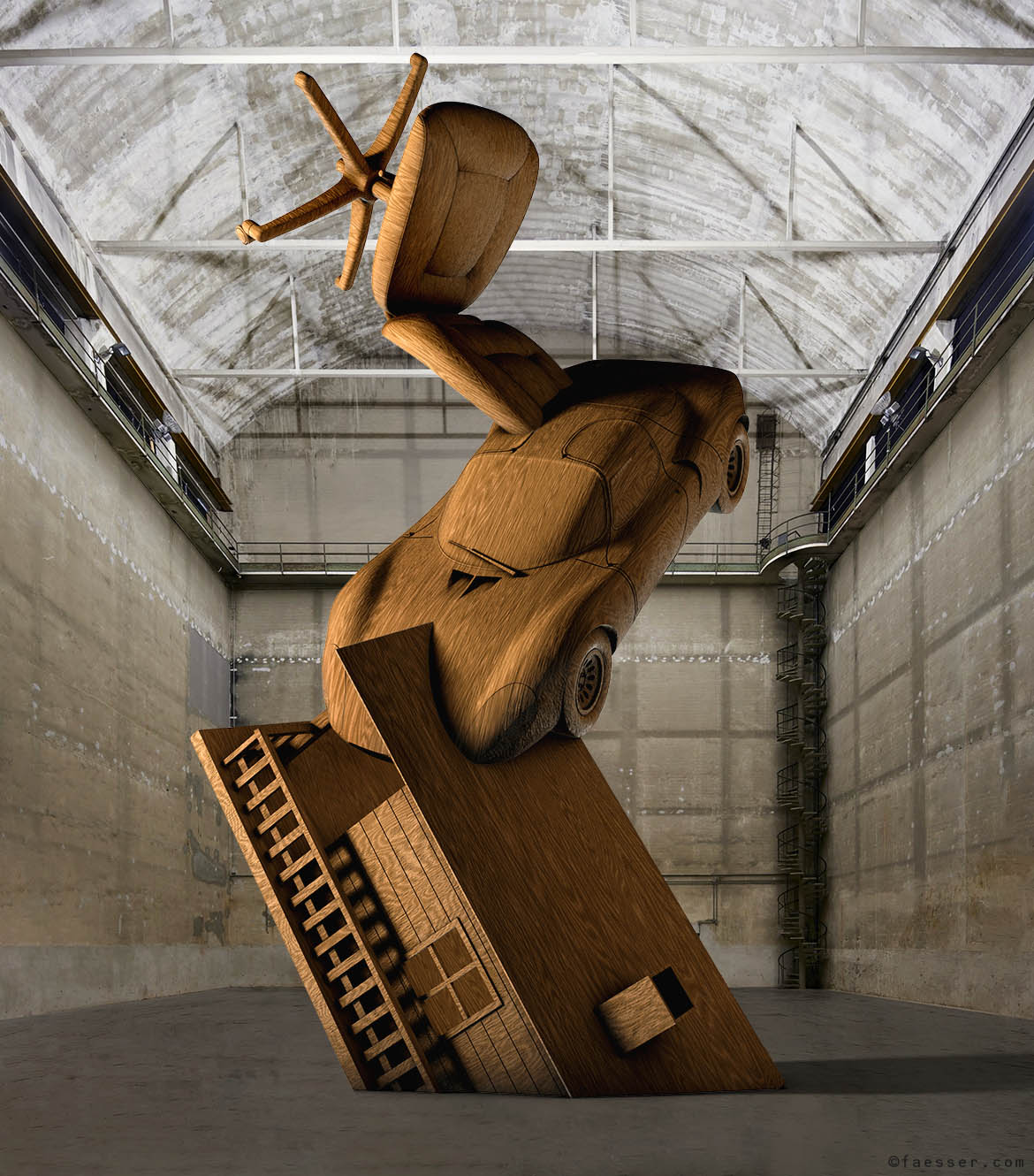 Three-part metaphoric sculpture, office chair over sports car over house, for the Pirelli HangarBicocca in Milan; work of art as figurative sculpture; artist Roland Faesser, sculptor and painter 2021