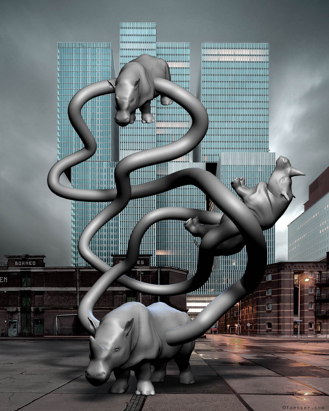 500 cm height public rhinoceros sculpture for the area De Rotterdam in Rotterdam; artist Roland Faesser, sculptor and painter 2018