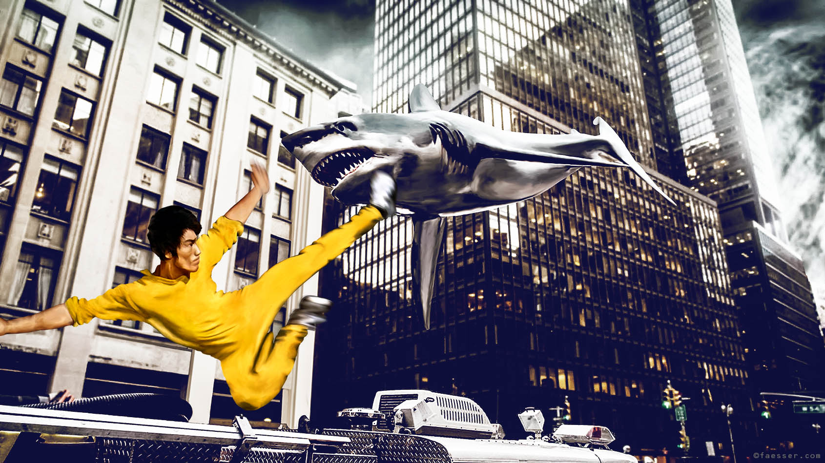 Bruce Lee is fighting against Sharknado in Manhattan; artist Roland Faesser, sculptor and painter 2016