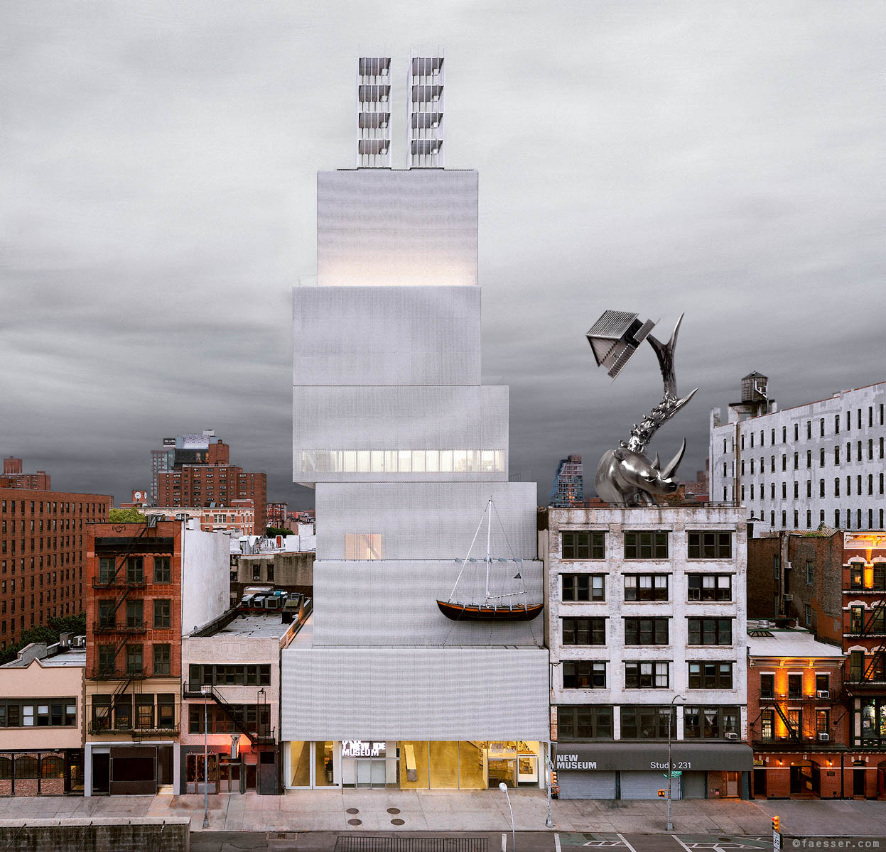 Public rhinoceros sculpture with house on rooftop of the NEW MUSEUM annex building; artist Roland Faesser, sculptor and painter 2018
