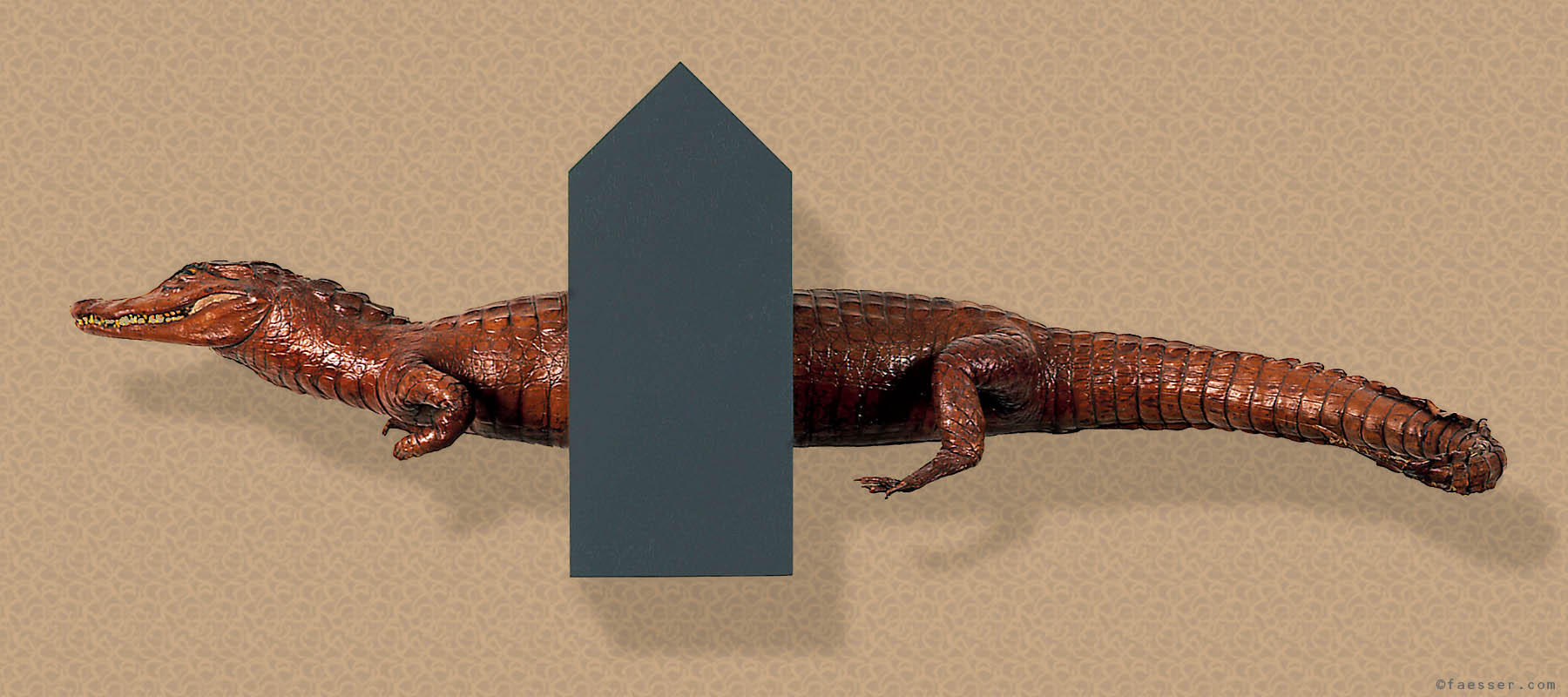 Two halved crocodile with enclosed house; artist Roland Faesser, sculptor and painter 1999