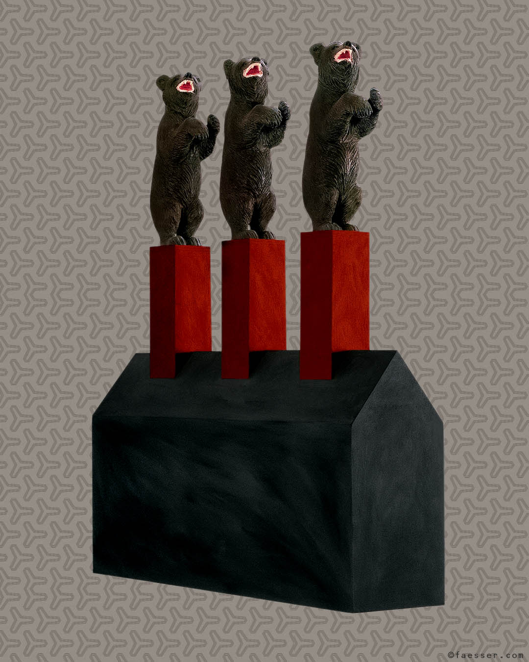 House-Guards: Three traditional carving bears from Brienz guarding the house on top of three fireplaces; artist Roland Faesser, sculptor and painter 1999