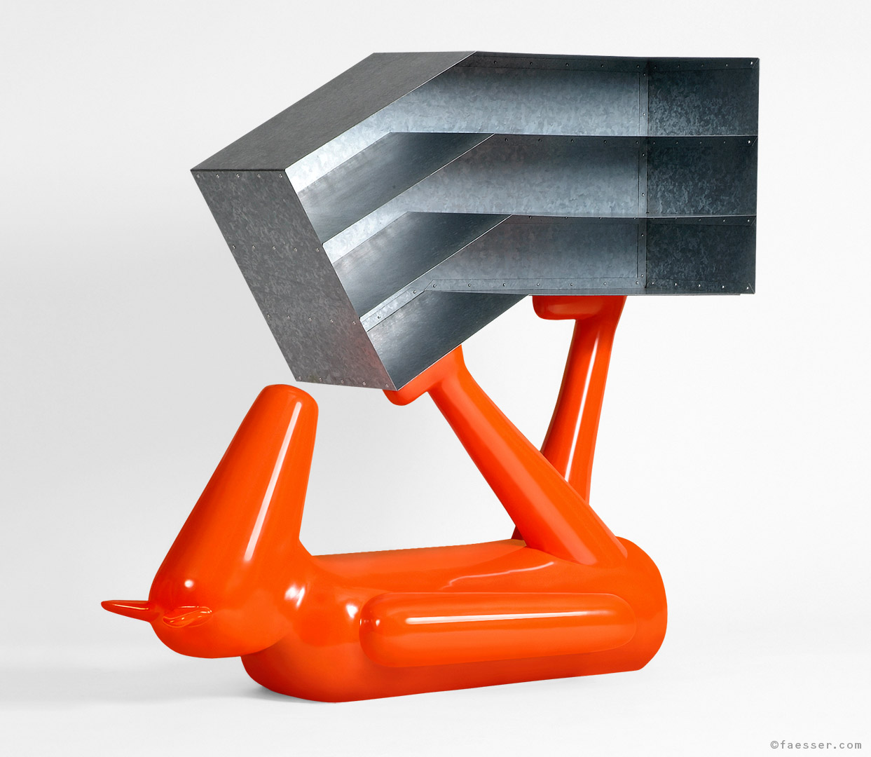 An animal performing a bicycle kick with a bookshelf; work of art; artist Roland Faesser, sculptor and painter 2005