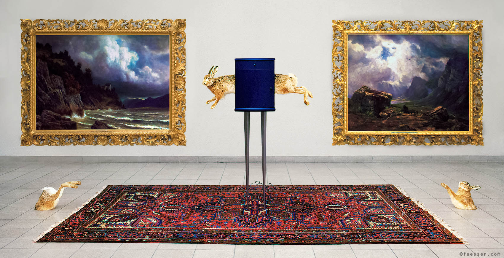 Art installation with two rabbits, in the Kunsthaus Glarus; artist Roland Faesser, sculptor and painter 1987