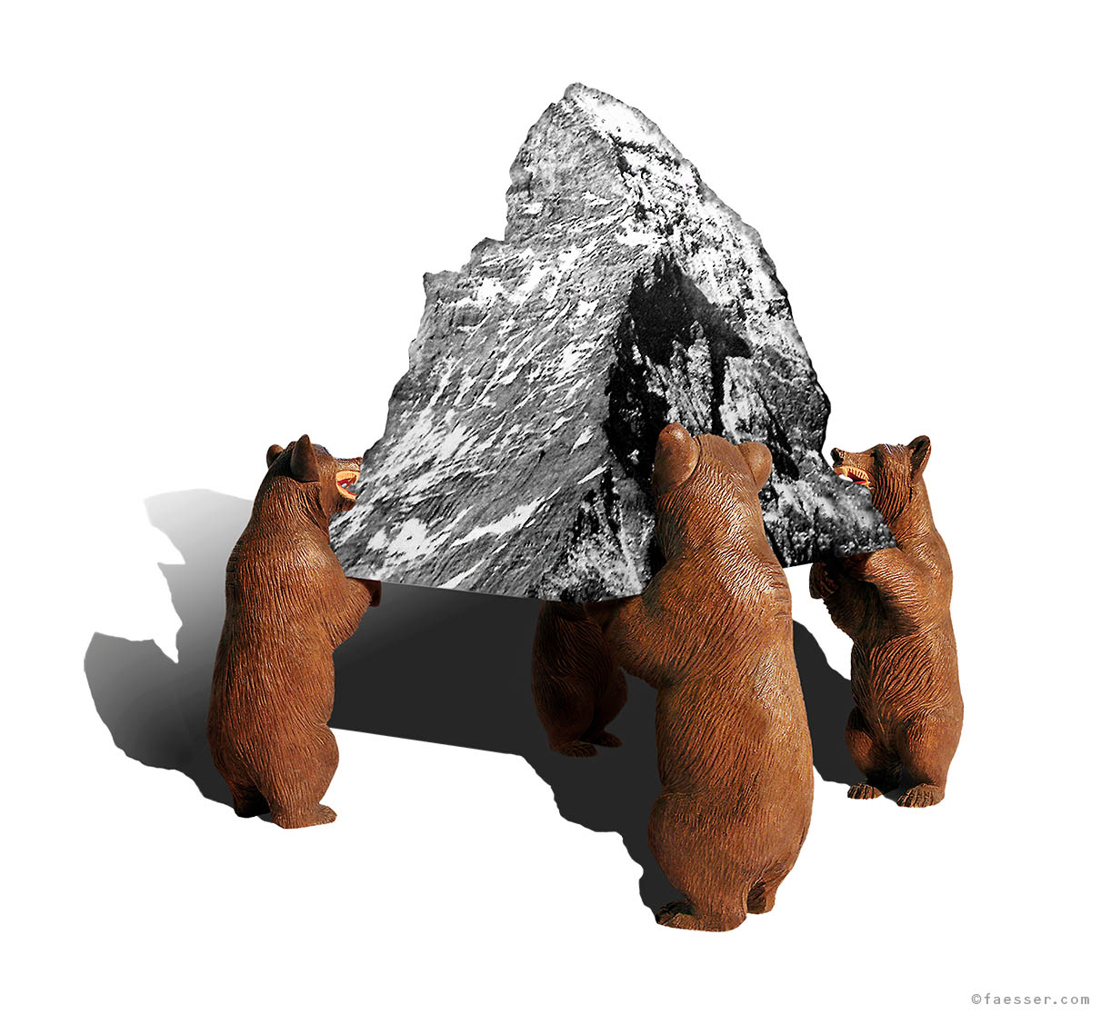Four wood-carved bears holding the Swiss Matterhorn peak; artist Roland Faesser, sculptor and painter 2003