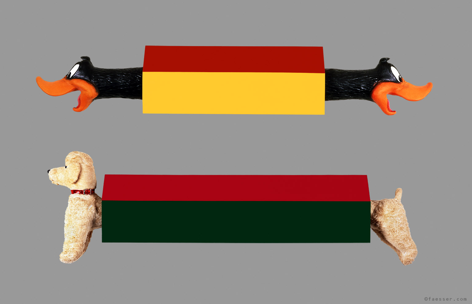 Twins with opposite intentions and an abstract house shearing; artist Roland Faesser, sculptor and painter 1999