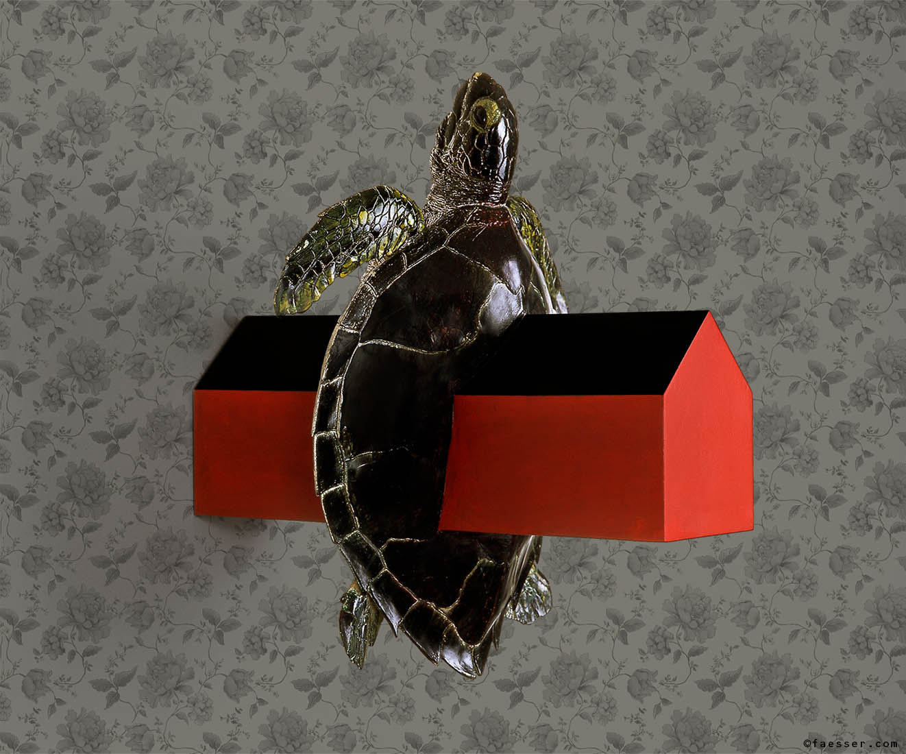 House Arrest: Plastic turtle impaled by abstract house; artist Roland Faesser, sculptor and painter 1999