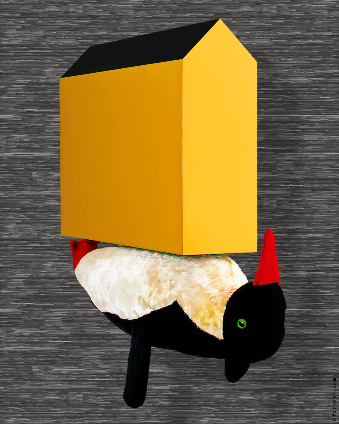 Down Under: flying penguin balancing a house on his body; artist Roland Faesser, sculptor and painter 1999