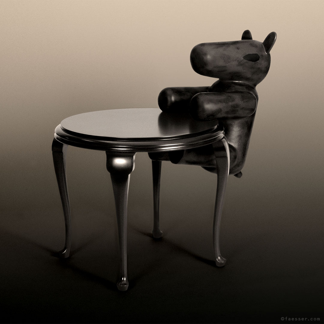 Regular Customer: abstract 3D comic bear fastened on a table; work of art; artist Roland Faesser, sculptor and painter 1990