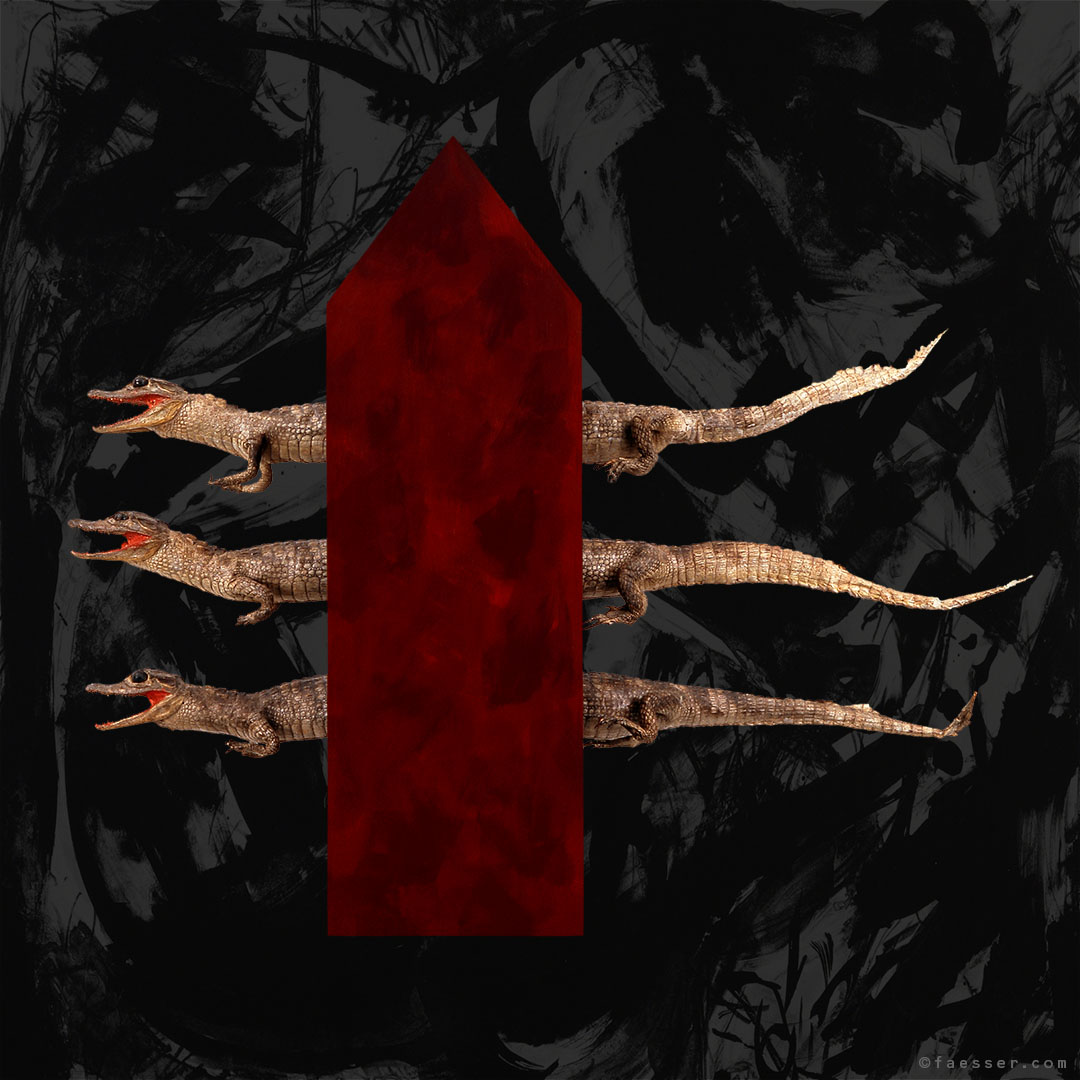 tic-tac-toe: Three baby crocodiles as synchronised flying squadrons; artist Roland Faesser, sculptor and painter 1988