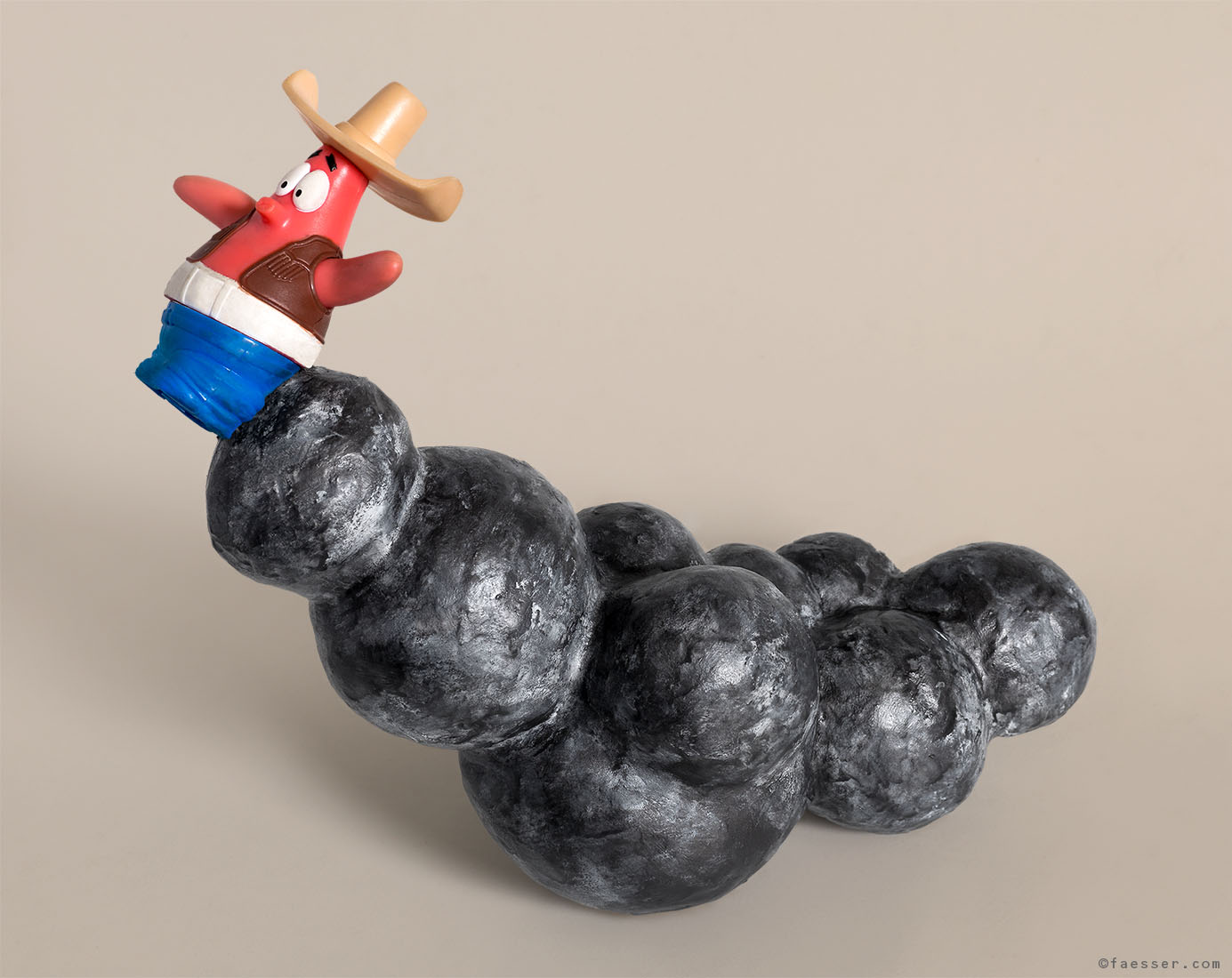 Big Fart, exhaust plume brings cowboy figure to fly; work of art as figurative sculpture; artist Roland Faesser, sculptor and painter 2013