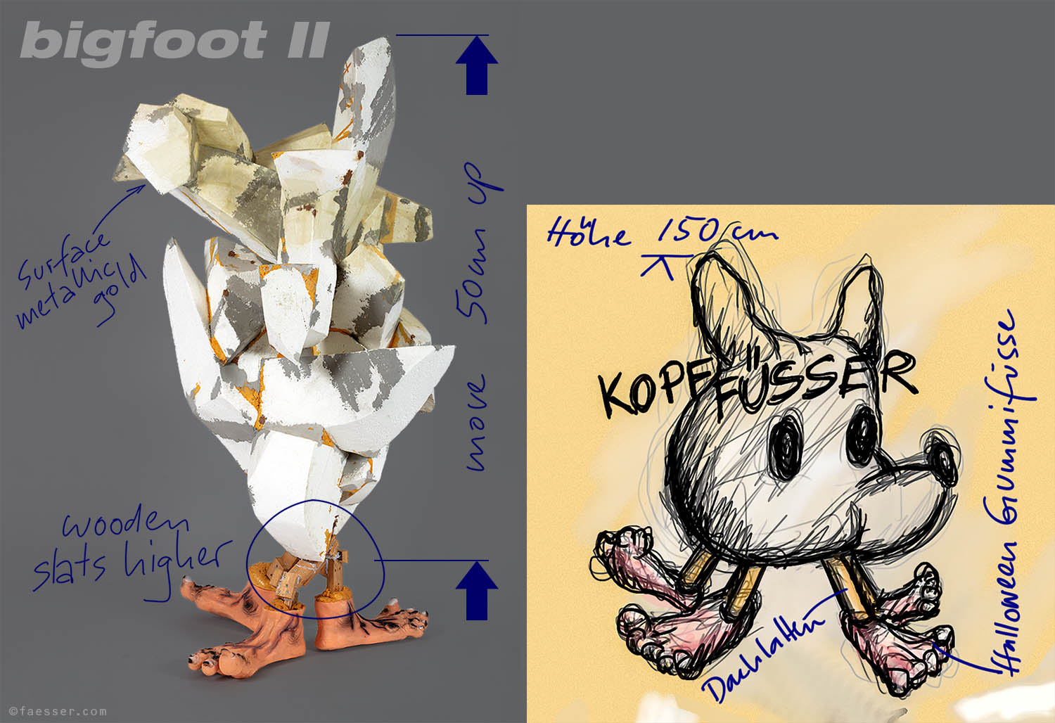 Abstract geometric sculpture standing on three plastic halloween feet as the Mickey sketch; work of art; artist Roland Faesser, sculptor and painter 2019