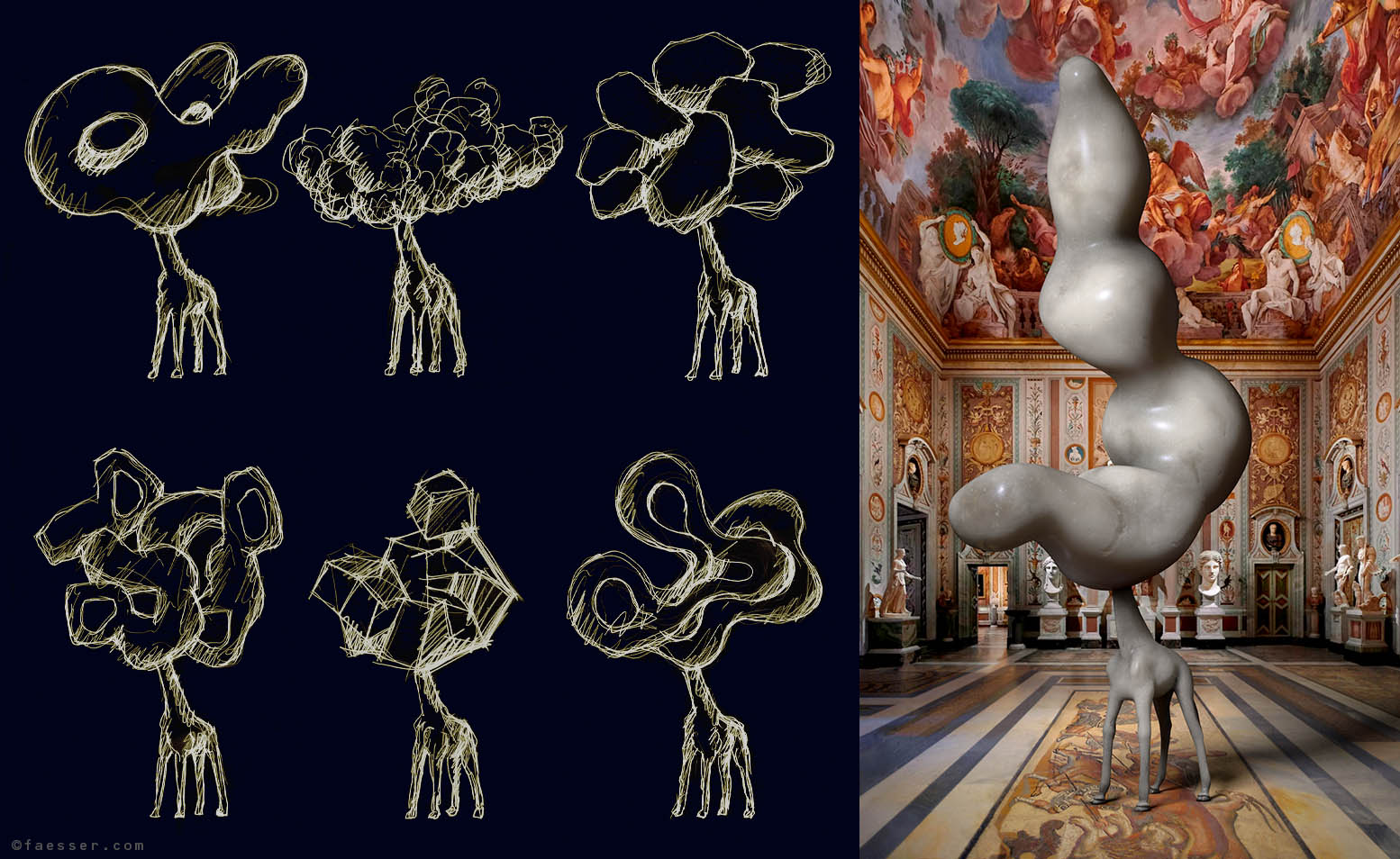 Kinetic giraffe sculptures with monstrous extensions as expanded bubbling heads; work of art as figurative animated sculpture; artist Roland Faesser, sculptor and painter 2022