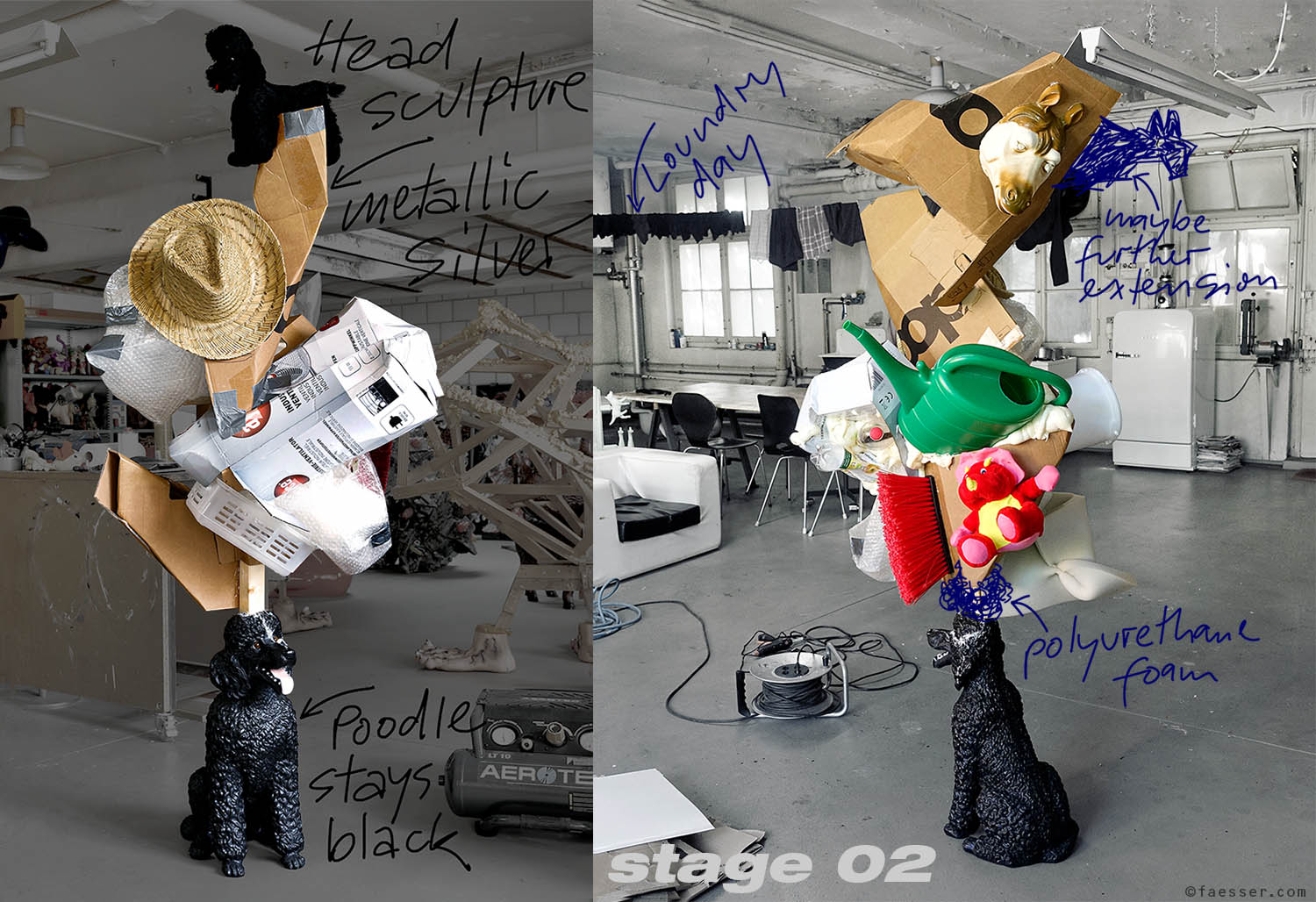 A poodle balancing an abstract mass sculpture of waste on his head; work of art; artist Roland Faesser, sculptor and painter 2019