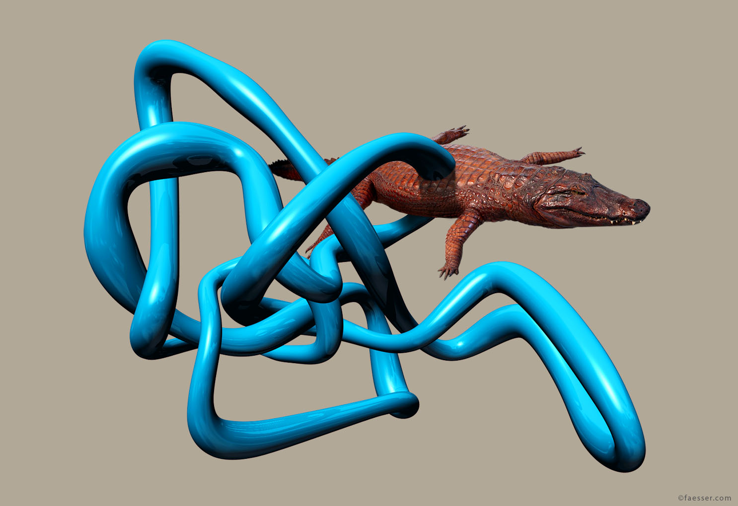 There's Someone Else On The Line: stuffed crocodile is impaled by a large tube sculpture; work of art as figurative sculpture; artist Roland Faesser, sculptor and painter 2009