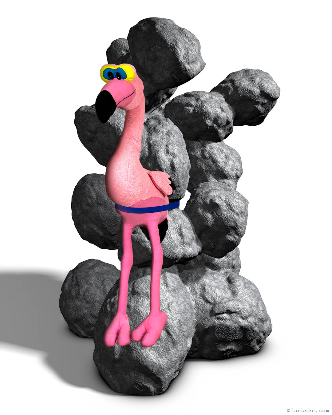 Pink plush flamingo tied up on an abstract, organic sculpture; work of art as figurative sculpture; artist Roland Faesser, sculptor and painter 2019