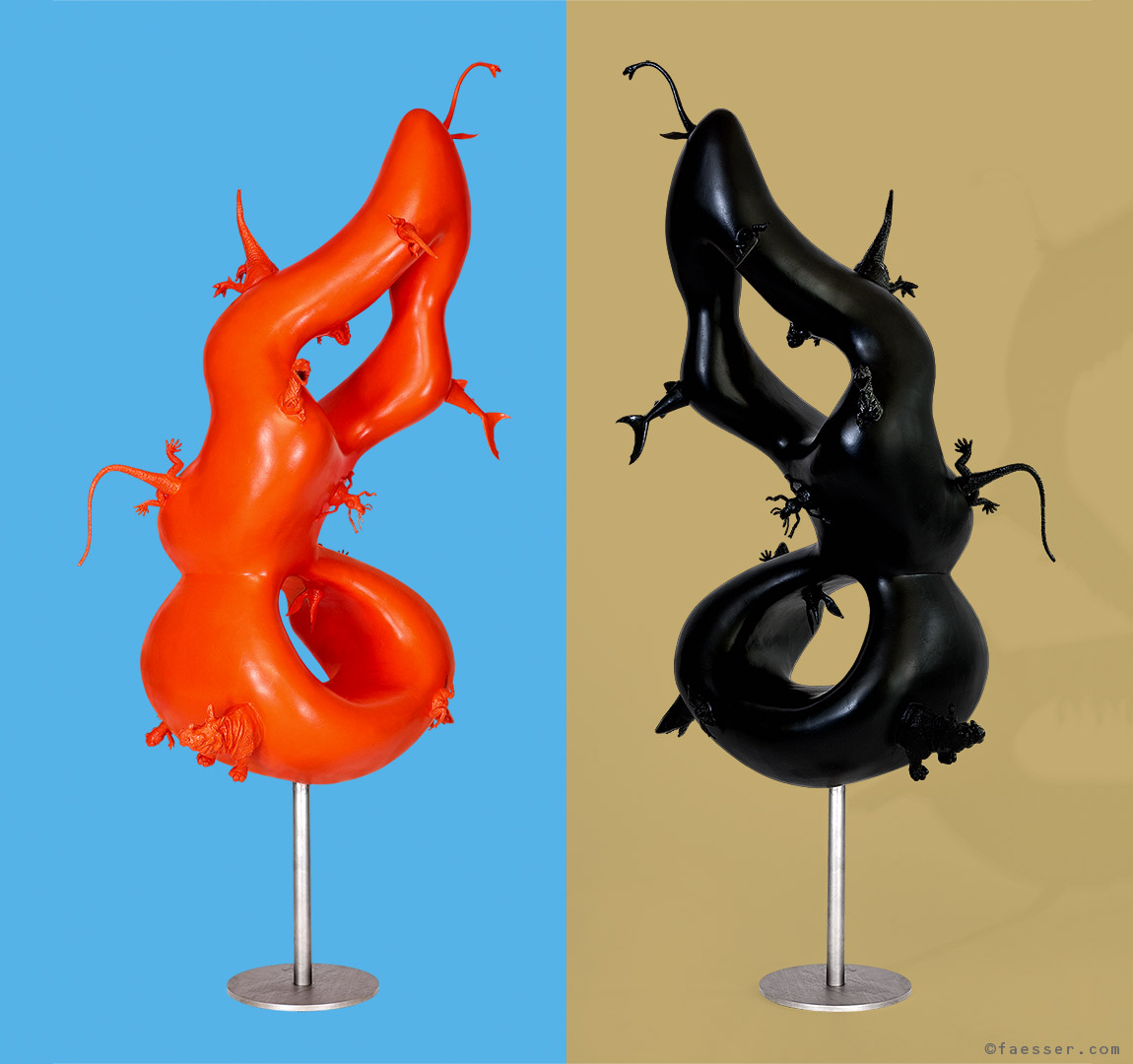 Heads Or Tails: abstract organic sculpture studded with in and out leaping little animals; work of art as figurative sculpture; artist Roland Faesser, sculptor and painter 2012