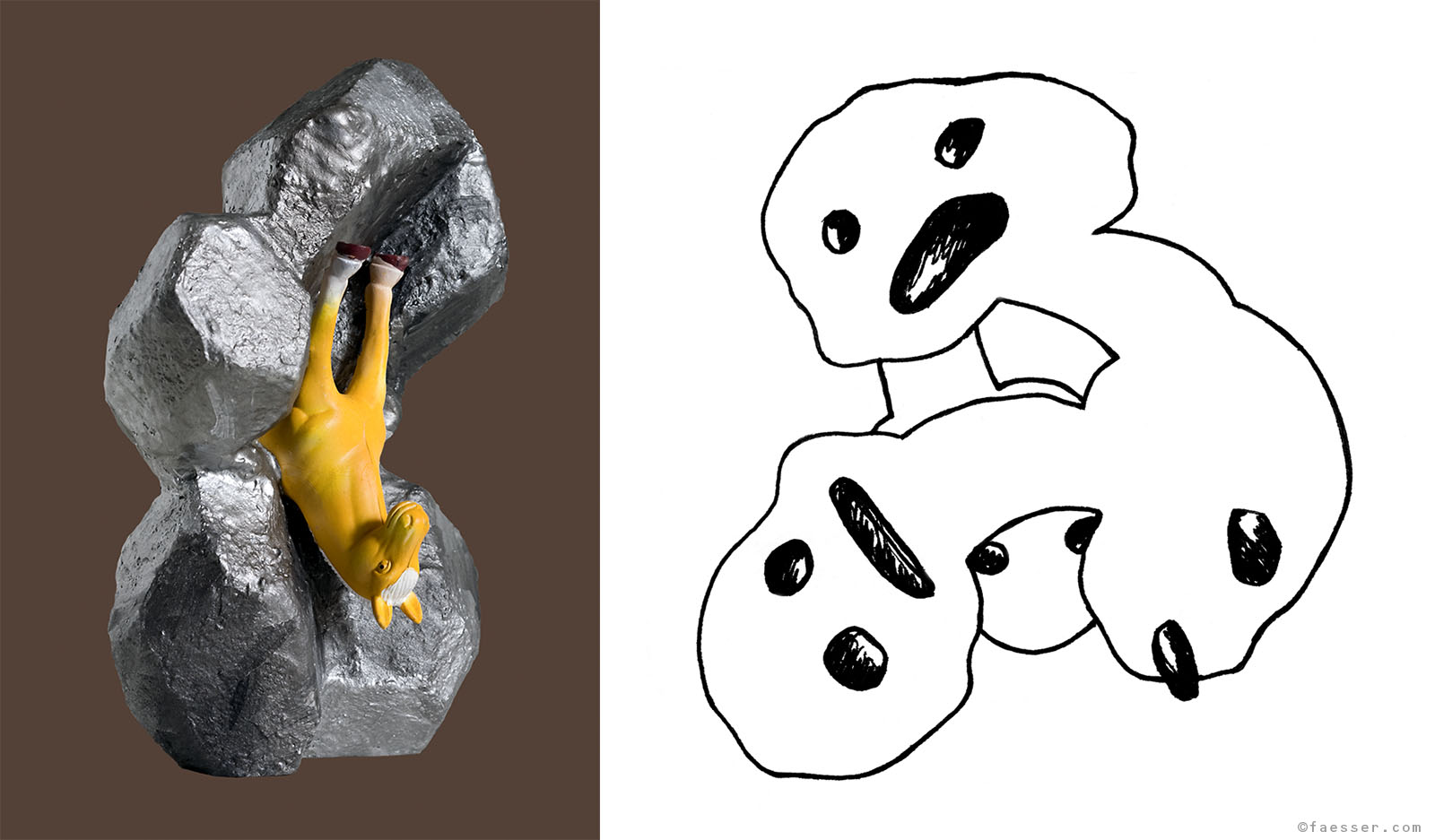 A Horse Is A Horse: anchored and trapped horse as a fossil rock sculpture with quads; work of art as figurative sculpture; artist Roland Faesser, sculptor and painter 2009