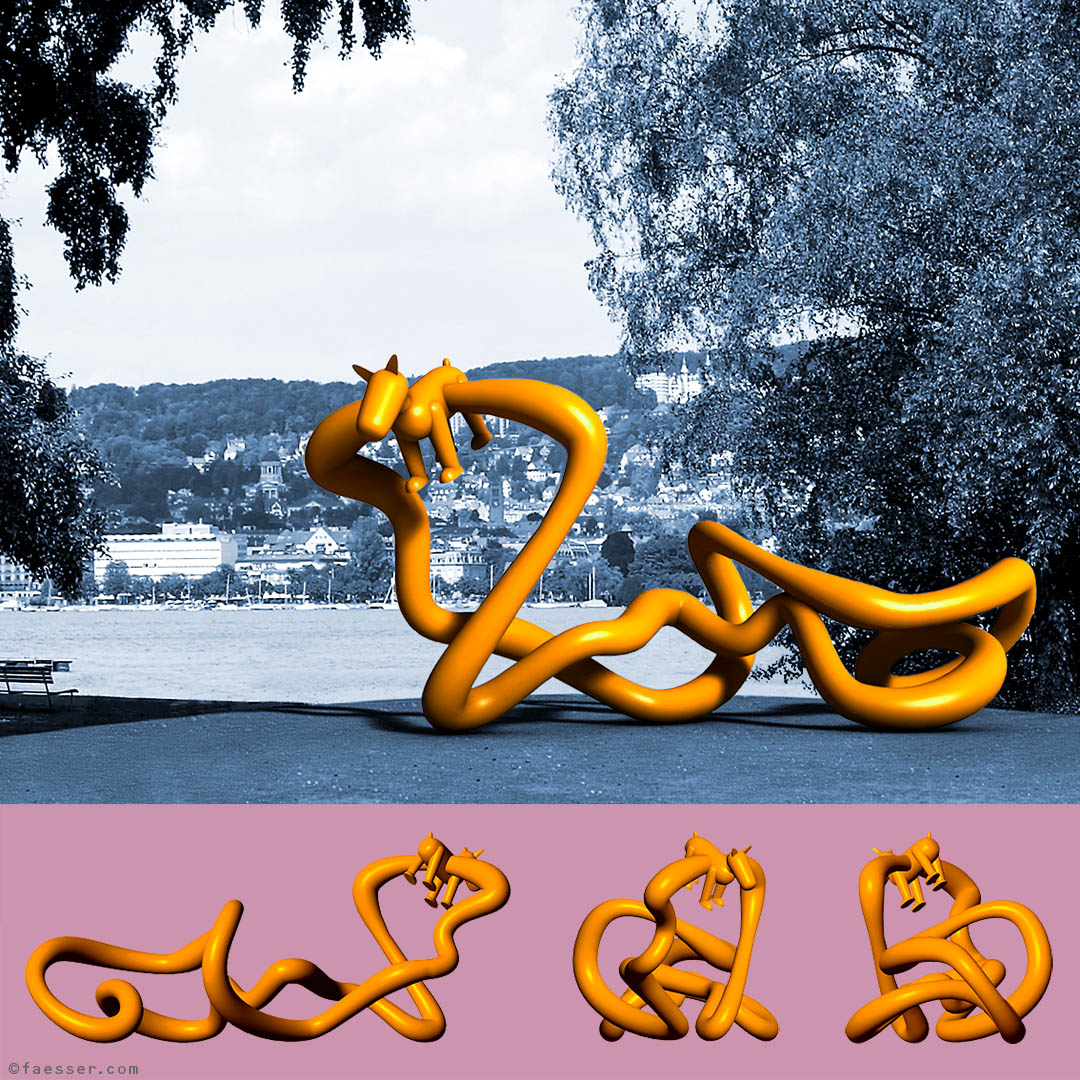 Leash With Dog; Invited Competition for a public landmark at seaside resort Mythenquai Zurich; works of art as figurative sculptures and digital paintings; artist Roland Faesser, sculptor and painter 2010