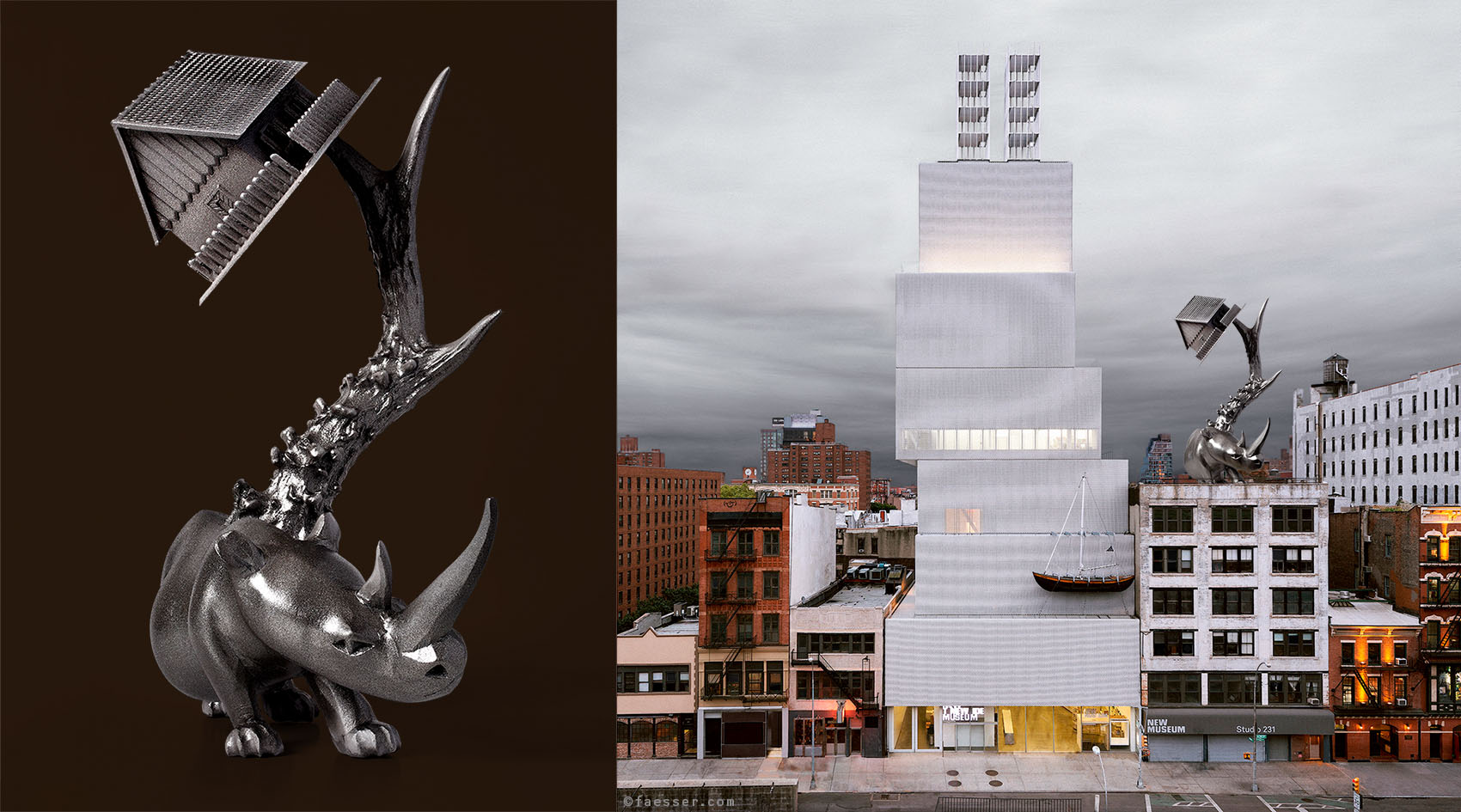 Rhinoceros with antler and house for the rooftop of the NEW MUSEUM studio 231; work of art as figurative sculpture; artist Roland Faesser, sculptor and painter 2018