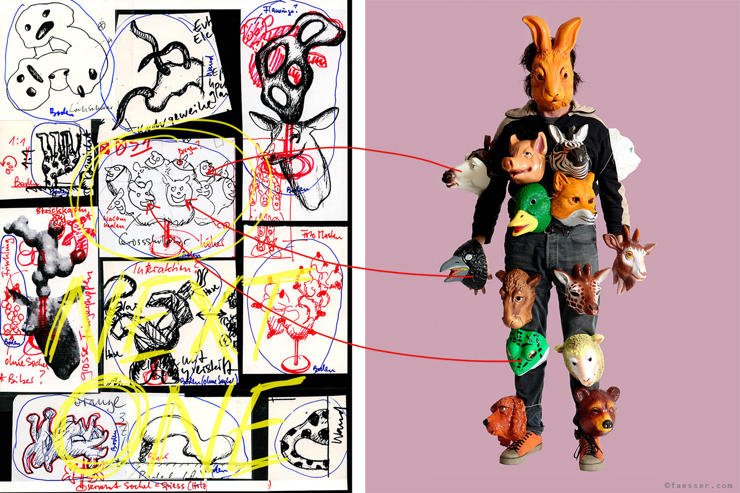 Heads In The Cloud, floating cloud on steel base with 15 animal masks; work of art as figurative sculpture; artist Roland Faesser, sculptor and painter 2012