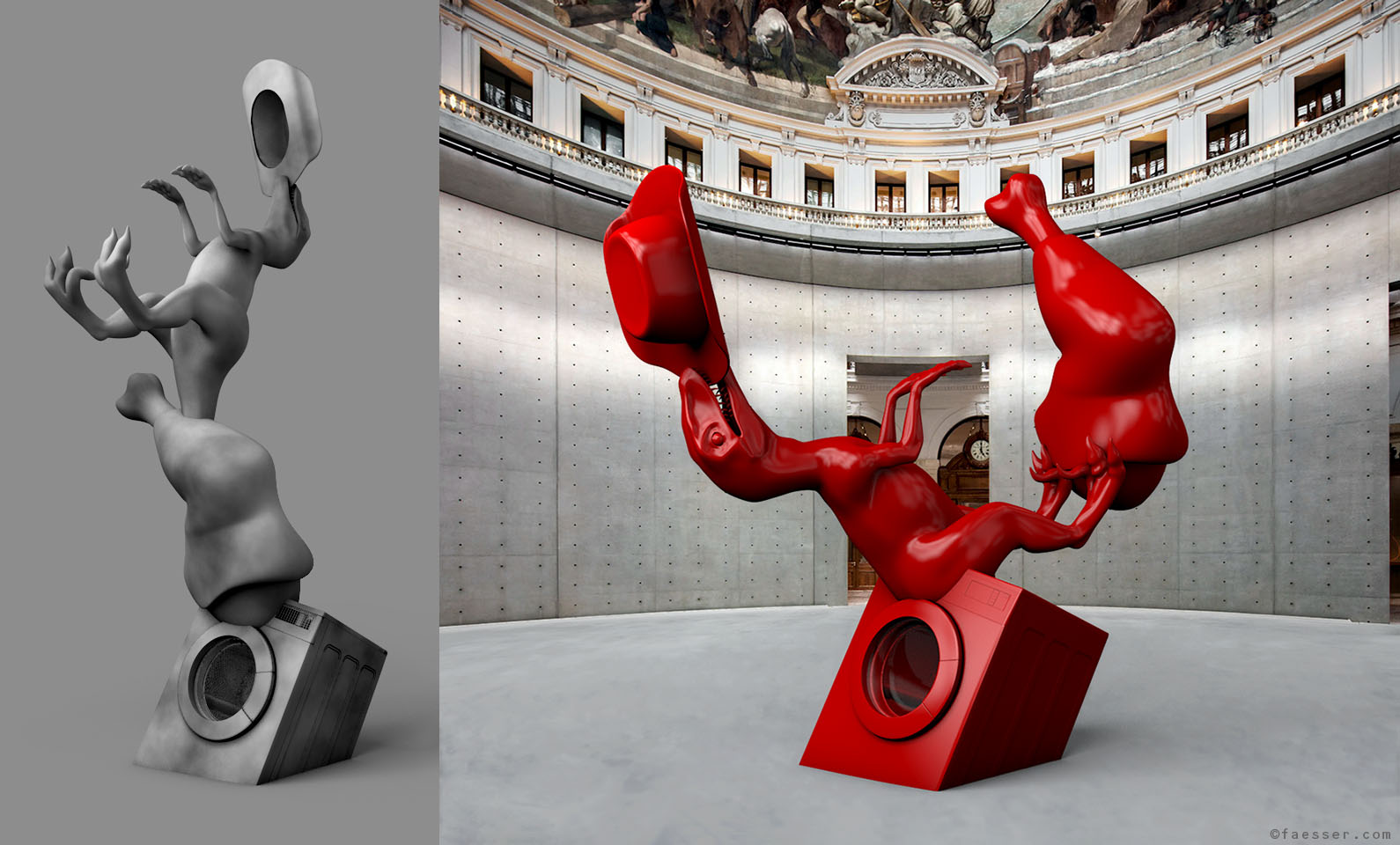 Surreal sculpture with washing machine, dinosaur, chicken thigh and hat, in the Bourse de Commerce in Paris; artist Roland Faesser, sculptor and painter 2023