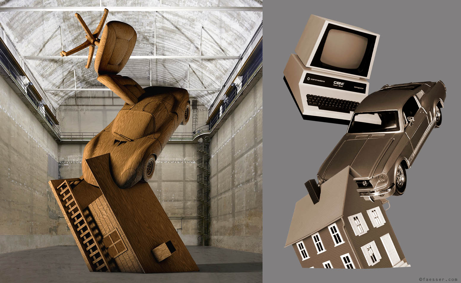 Monumental sculpture, office chair over sports car over house, for Pirelli HangarBicocca in Milan; work of art as figurative sculpture; artist Roland Faesser, sculptor and painter 2020-21