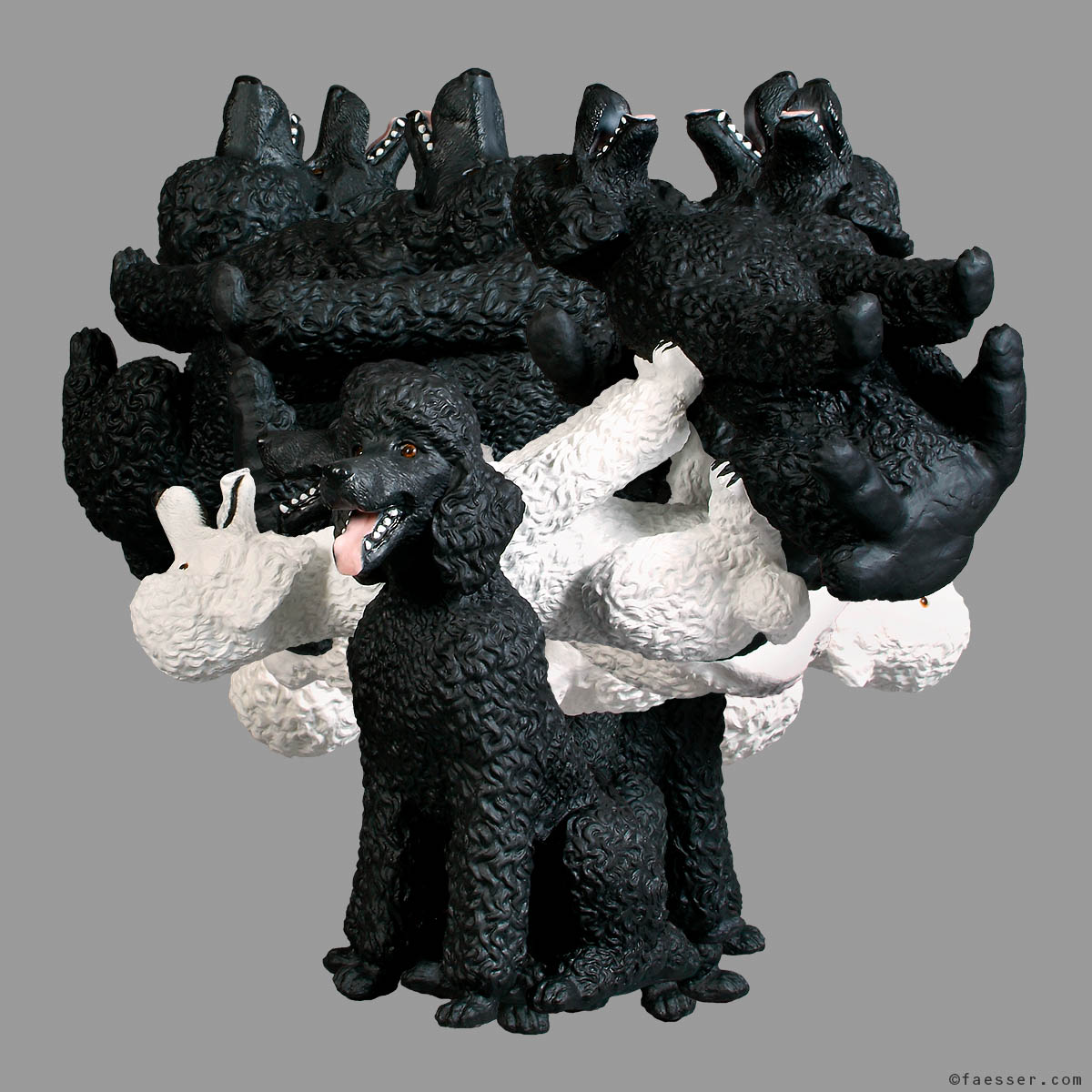 Eighteen poodles unite to form an acrobatic sculpture; work of art as public sculpture; artist Roland Faesser, sculptor and painter 2021