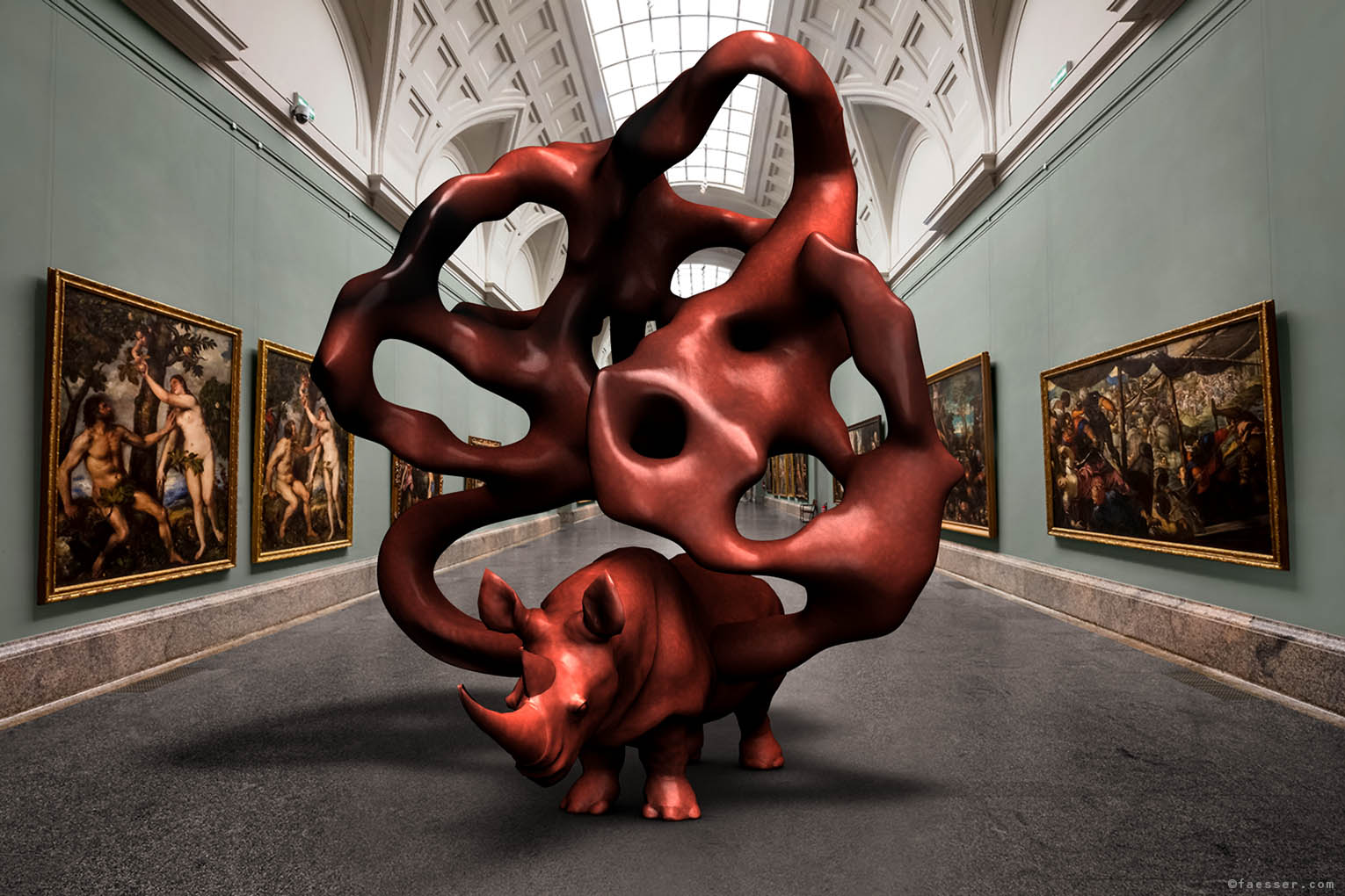 Rhino carrying an abstract wooden sculpture in the exhibition space of the Museo del Prado Madrid; artist Roland Faesser, sculptor and painter 2021