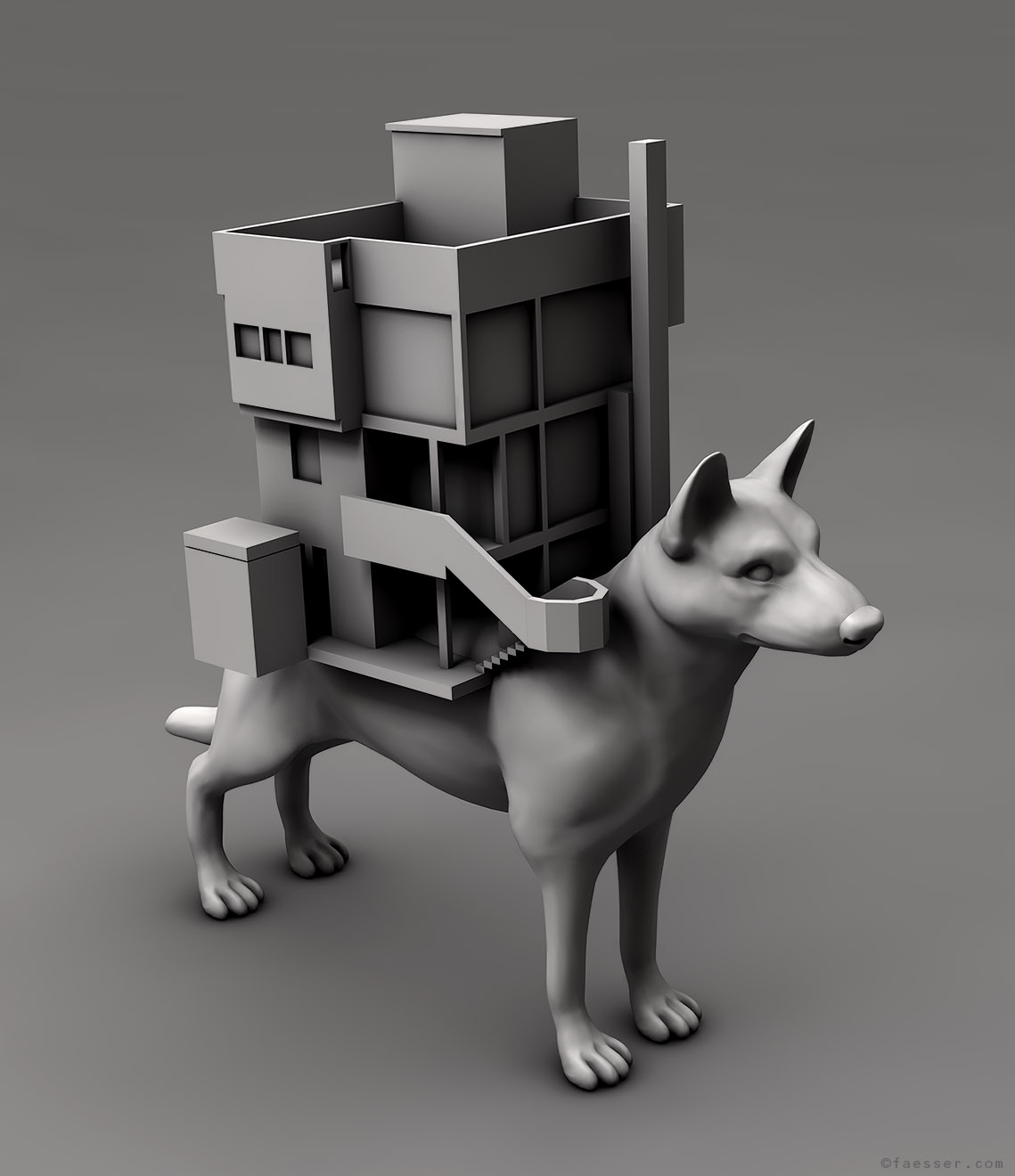 Smith House: a dog shouldered a model replica of the Smith house; work of art as figurative sculpture; artist Roland Faesser, sculptor and painter 2009