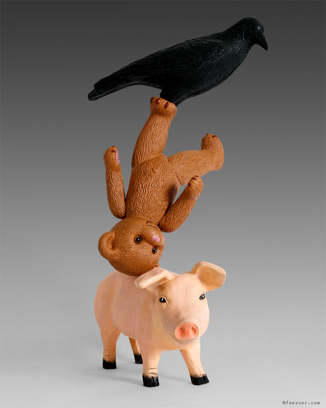 Crow over bear over pig as a public art sculpture; work of art as figurative sculpture; artist Roland Faesser, sculptor and painter 2018