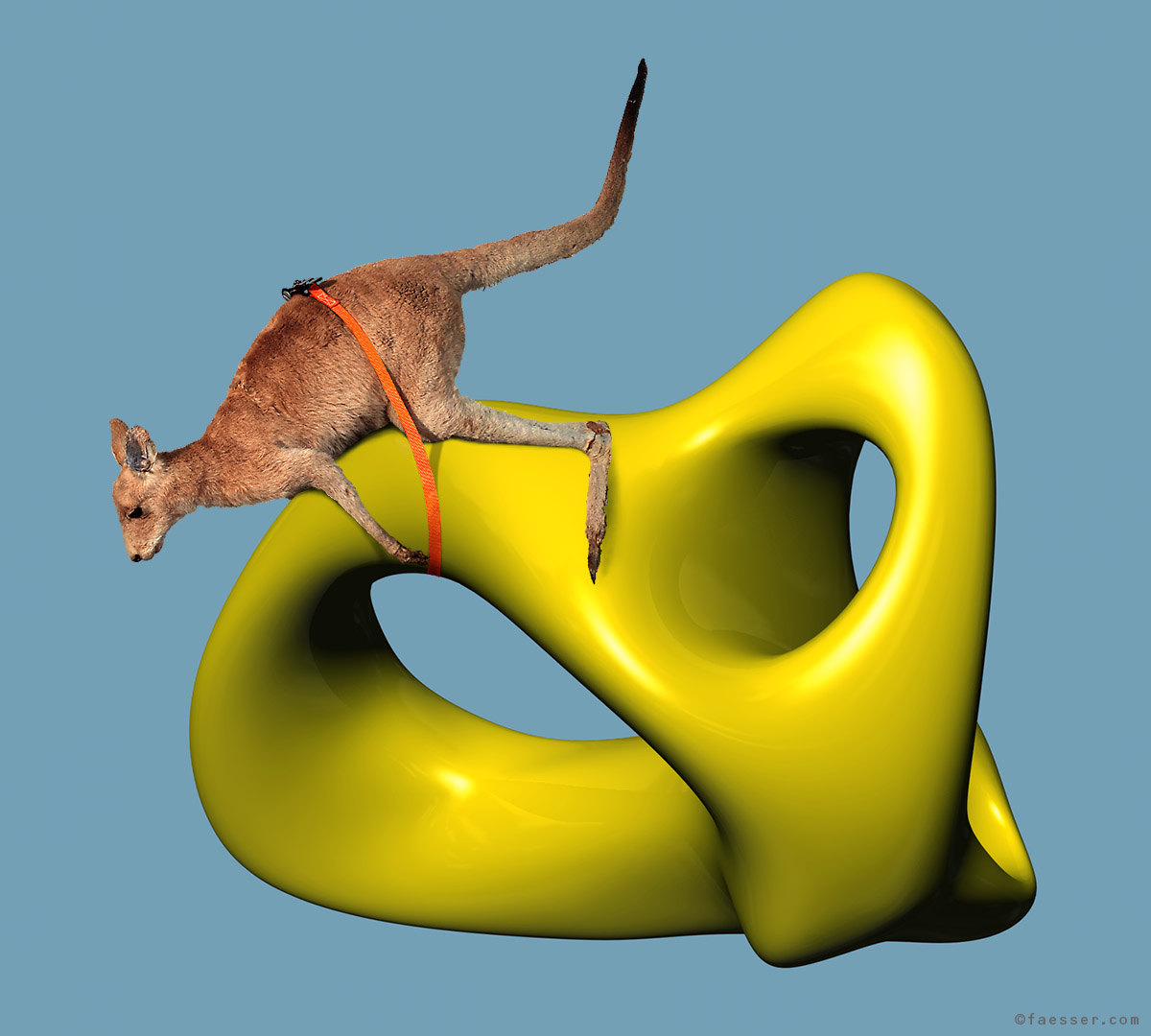 No More Jumping: organic abstract sculpture with lashed Kangaroo; work of art as figurative sculpture; artist Roland Faesser, sculptor and painter 2009