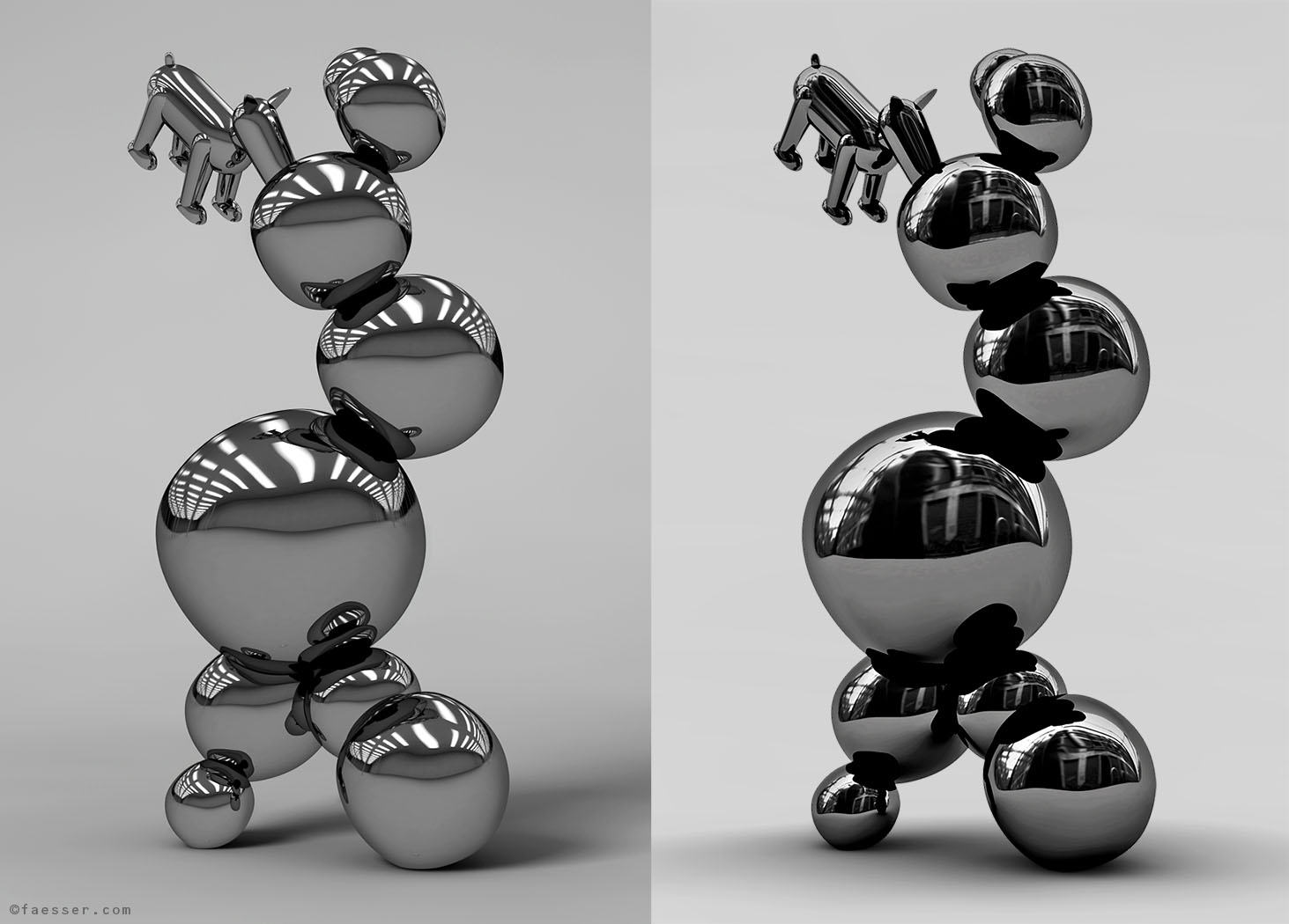 Snooper, 10 mirror polished chrome steel balls sculpture with snooping dog; work of art as figurative sculpture; artist Roland Faesser, sculptor and painter 2009