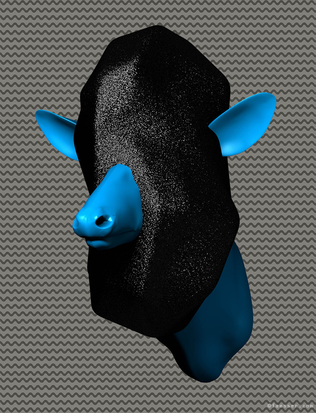 Deer head trophy tarred with asphalt; work of art as figurative sculpture; artist Roland Faesser, sculptor and painter 2020