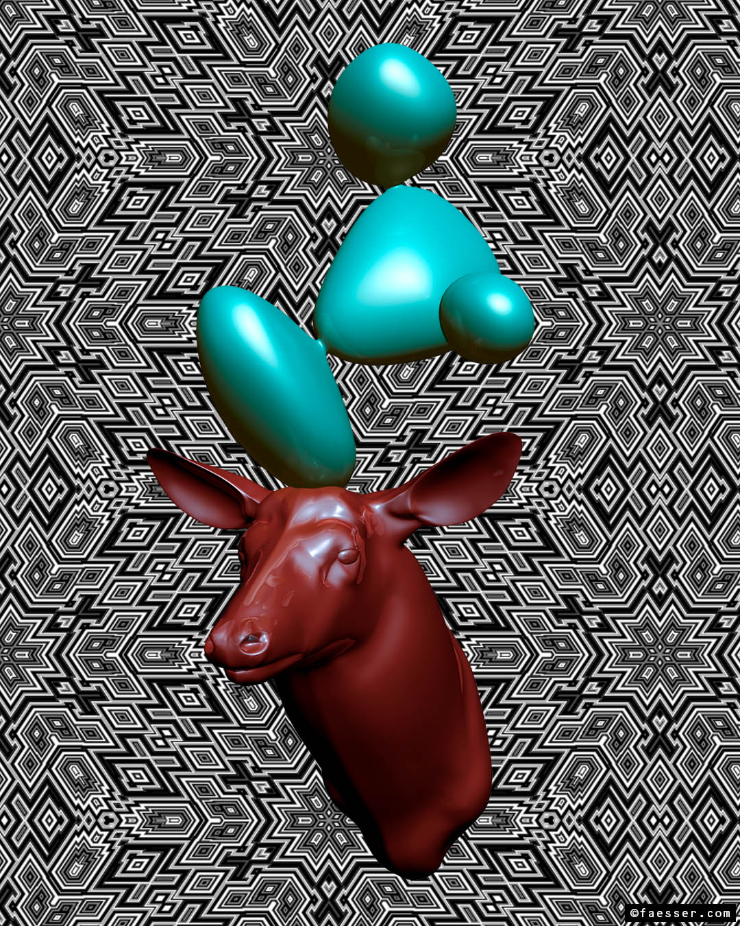 Wooden trophy with large candy sculpture as antlers; work of art as figurative sculpture; artist Roland Faesser, sculptor and painter 2018