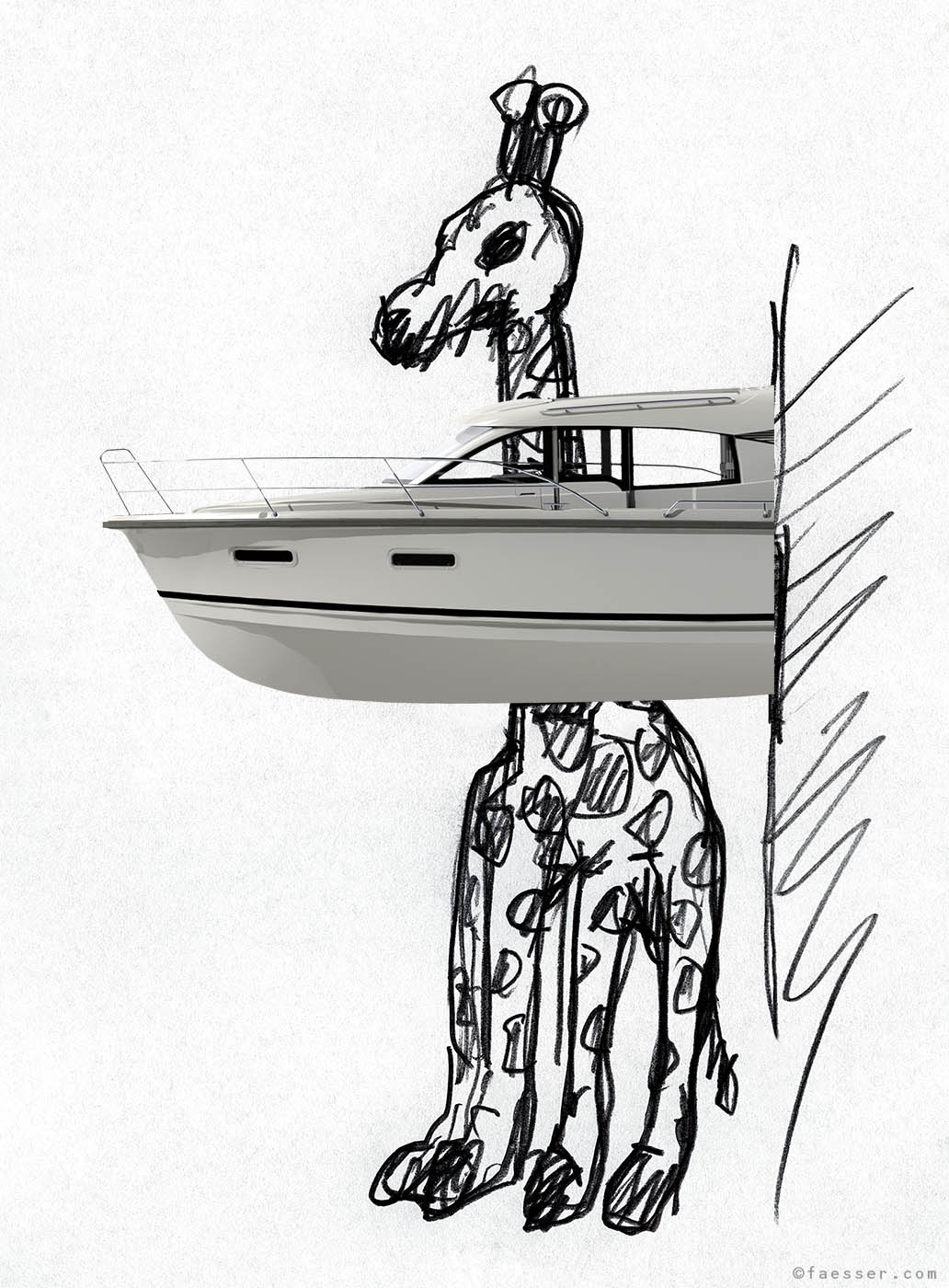 A small yacht with a tall giraffe as the captain of the ship; work of art as figurative sculpture; artist Roland Faesser, sculptor and painter 2020