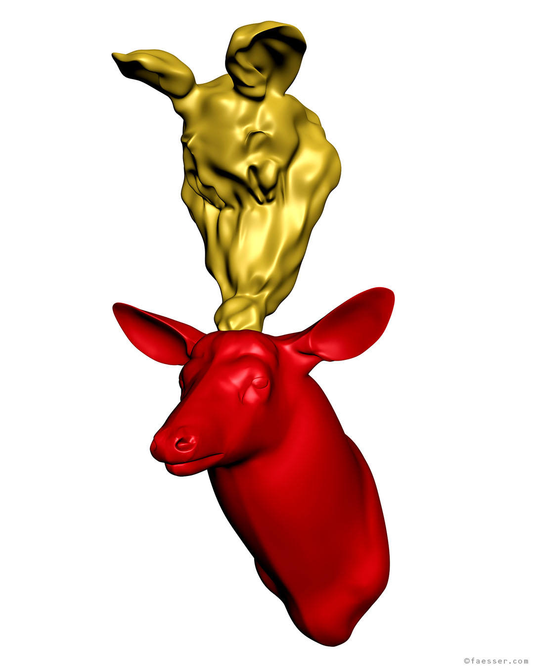 Mickey: red deer trophy with shrinked Mickey sculpture as antlers; work of art as figurative sculpture; artist Roland Faesser, sculptor and painter 2017