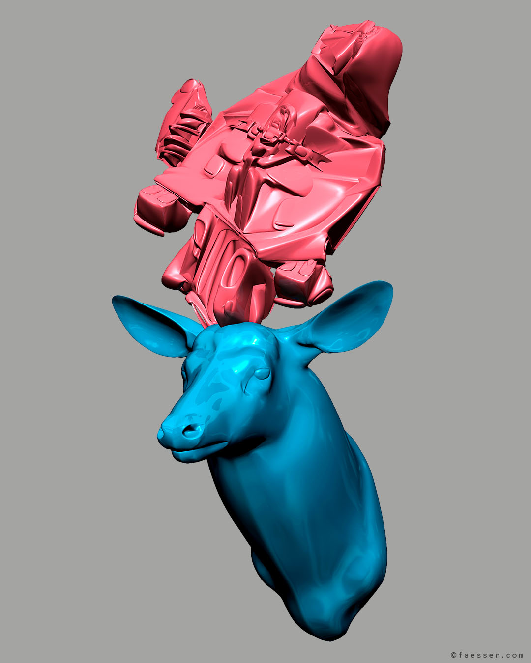 Recycling: Light blue deer trophy with melt packaging as antlers; work of art as figurative sculpture; artist Roland Faesser, sculptor and painter 2017