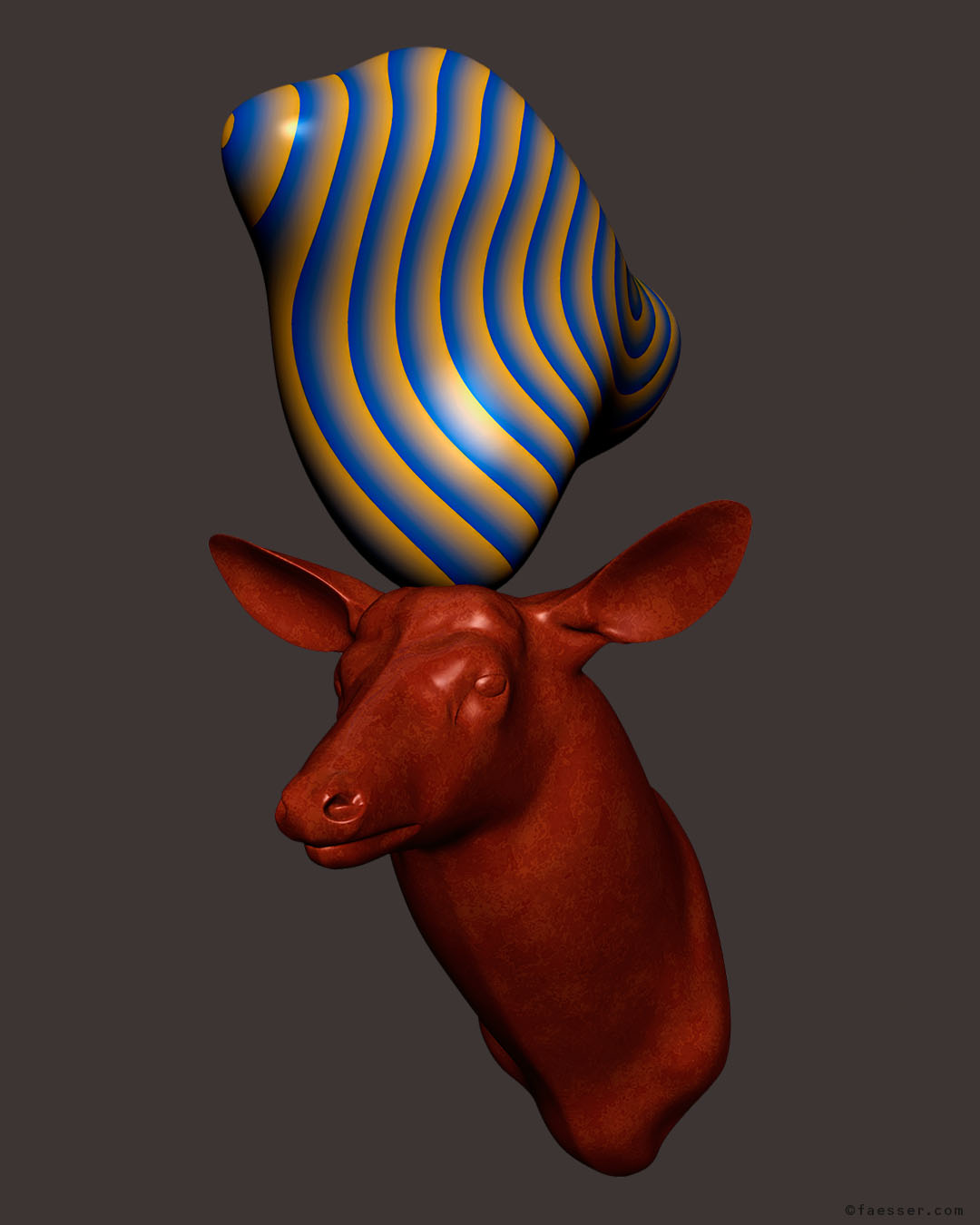 Rock'n'Roll: deer trophy with a funky colored antlers-sculpture; work of art as figurative sculpture; artist Roland Faesser, sculptor and painter 2017