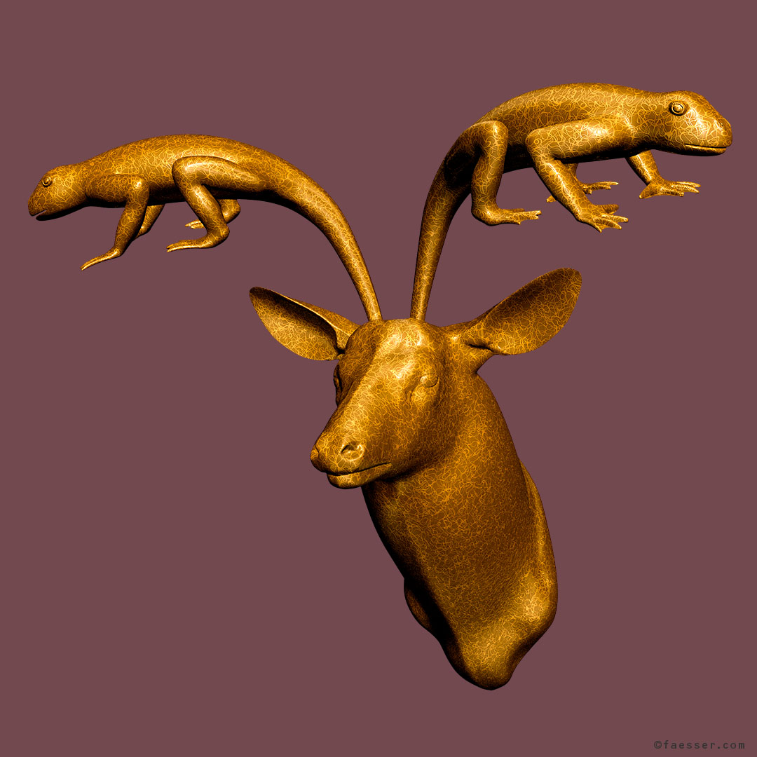Entire deer trophy with two antlers lizards in painted leather imitation; work of art as figurative sculpture; artist Roland Faesser, sculptor and painter 2017
