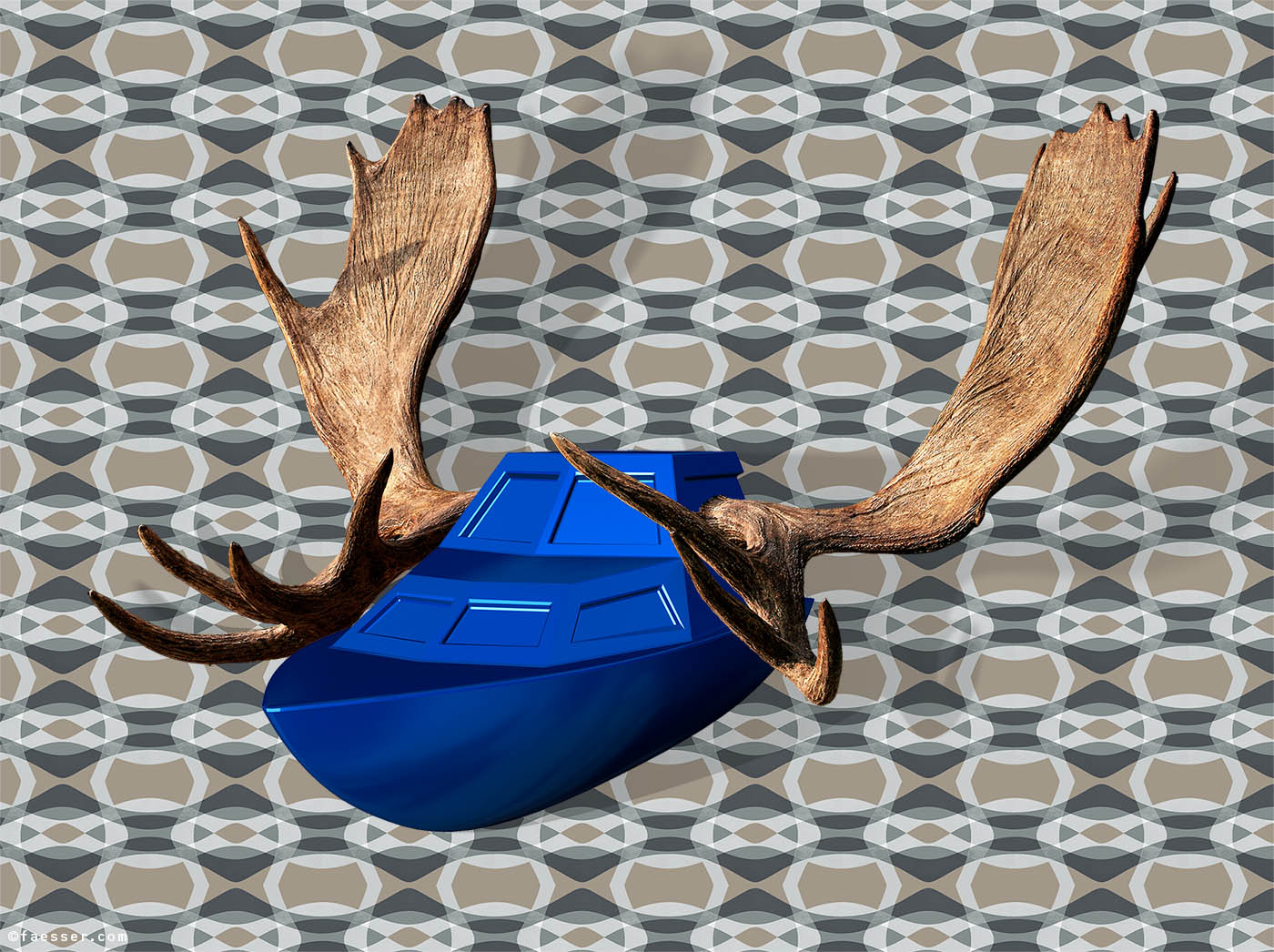 Elk Test, speed boat with growing moose horns as elk test allegory; work of art as figurative sculpture; artist Roland Faesser, sculptor and painter 2012